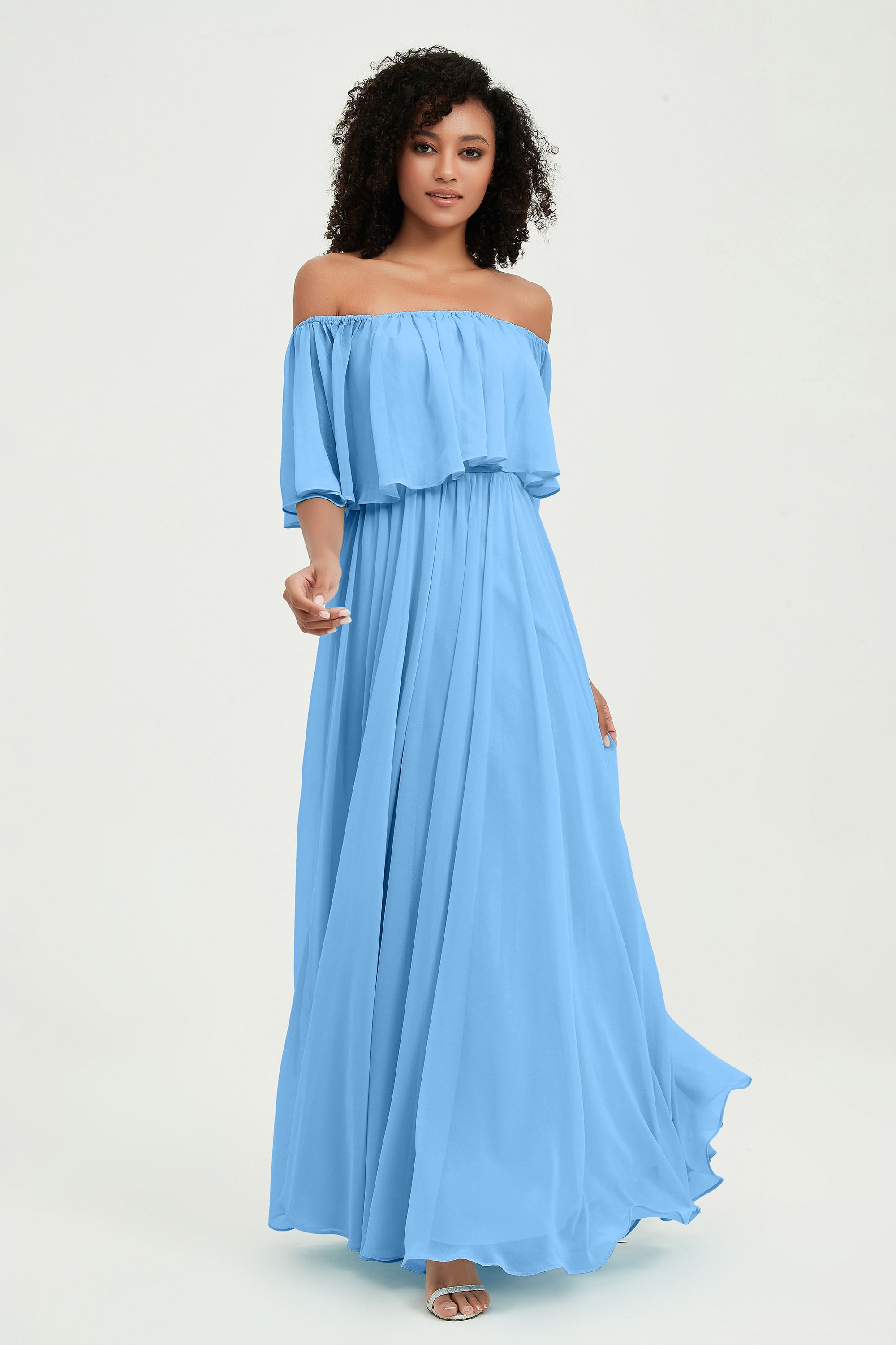Boho Bridesmaid Dresses Ruffles Flutter Sleeves Formal Evening Dress Chiffon Off the Shoulder Gowns