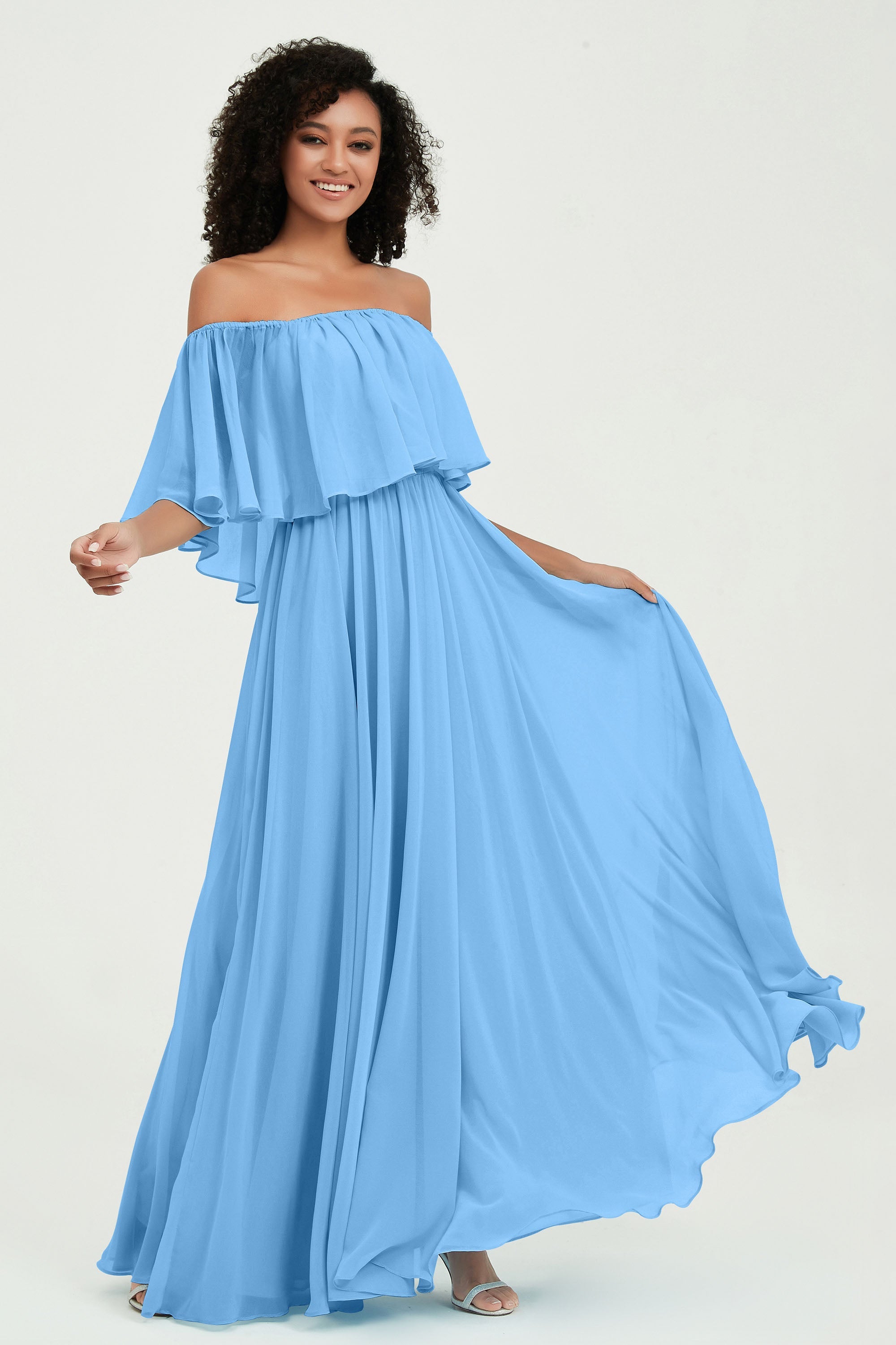 Boho Bridesmaid Dresses Ruffles Flutter Sleeves Formal Evening Dress Chiffon Off the Shoulder Gowns