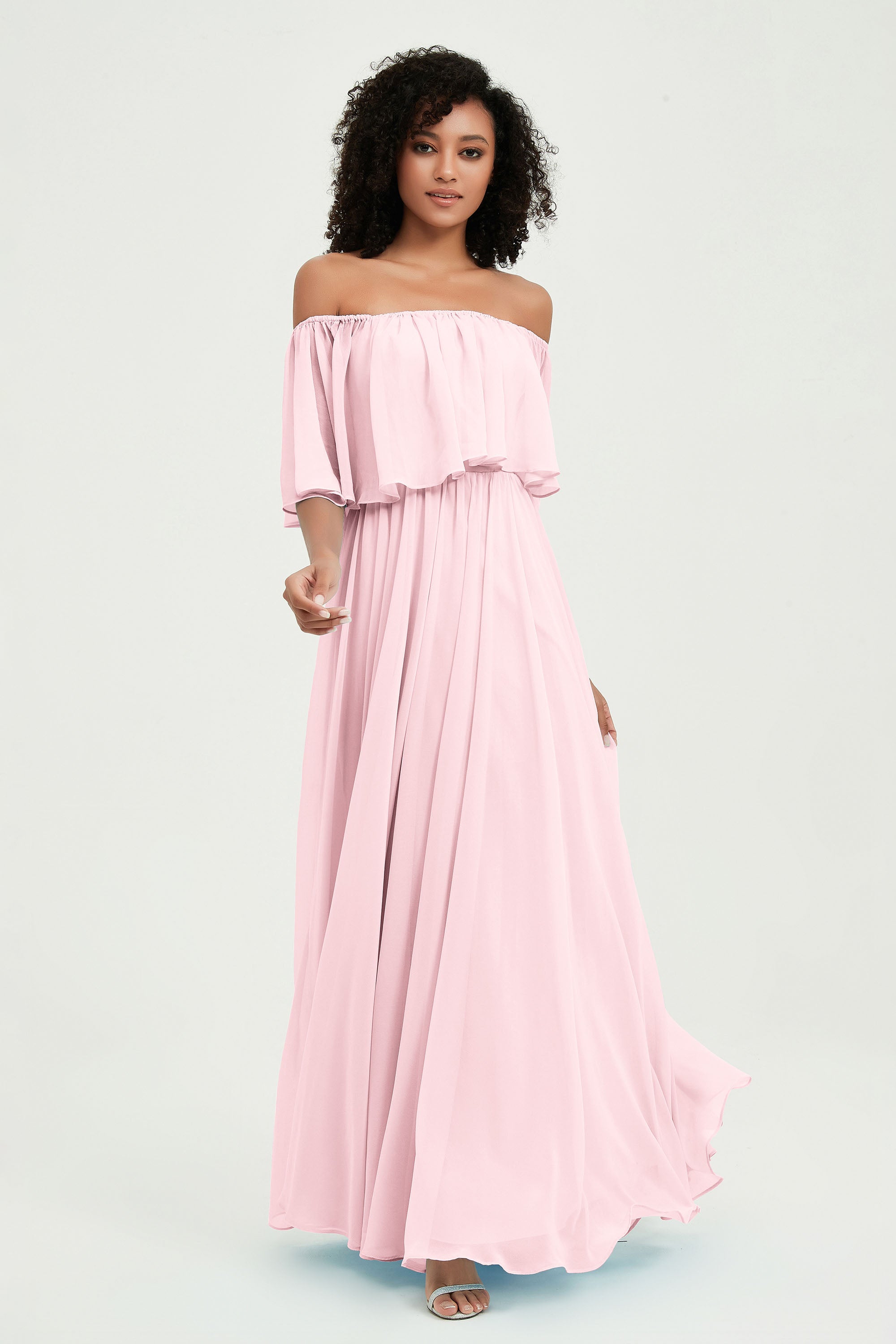 Boho Bridesmaid Dresses Ruffles Flutter Sleeves Formal Evening Dress Chiffon Off the Shoulder Gowns