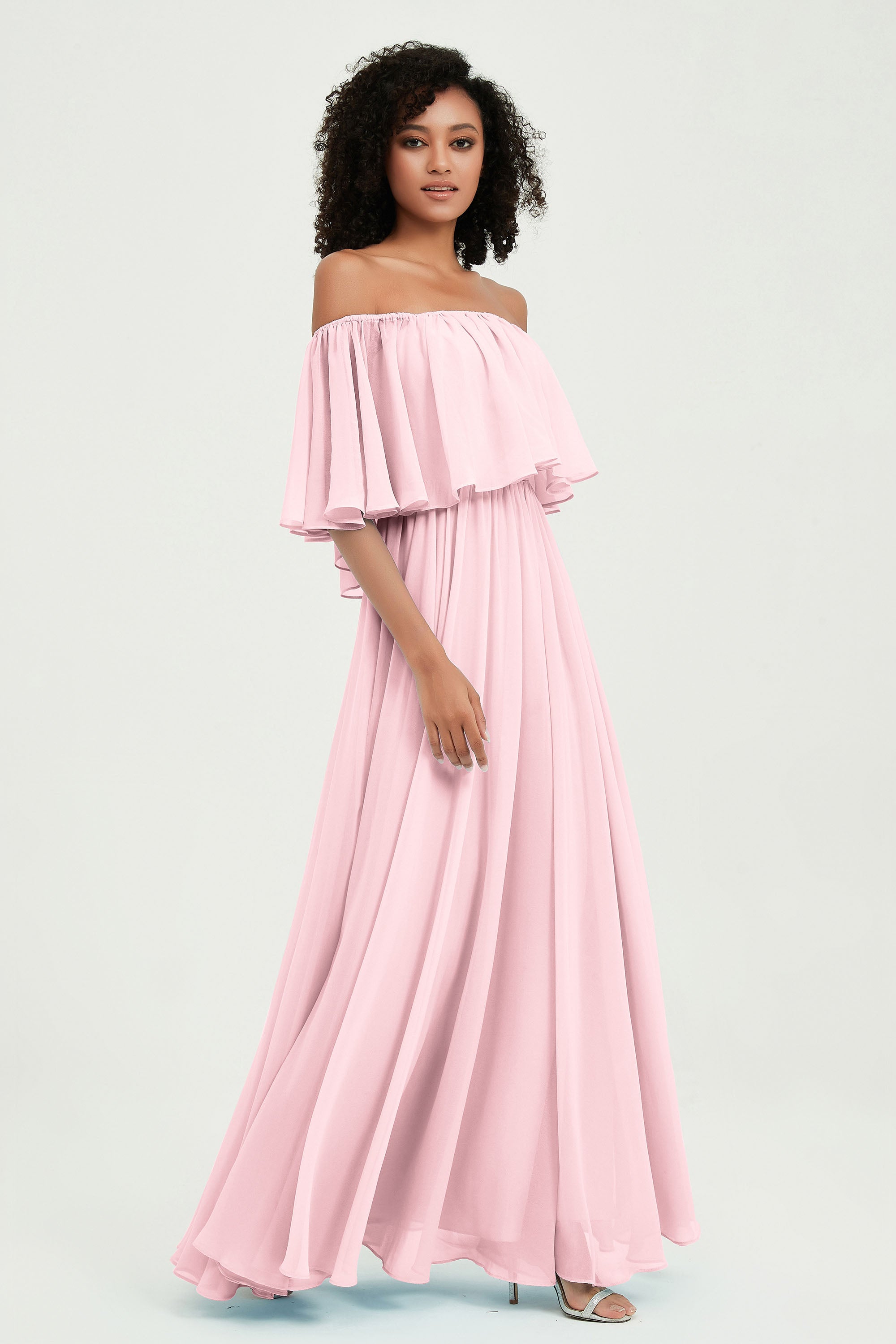 Boho Bridesmaid Dresses Ruffles Flutter Sleeves Formal Evening Dress Chiffon Off the Shoulder Gowns