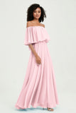 Boho Bridesmaid Dresses Ruffles Flutter Sleeves Formal Evening Dress Chiffon Off the Shoulder Gowns