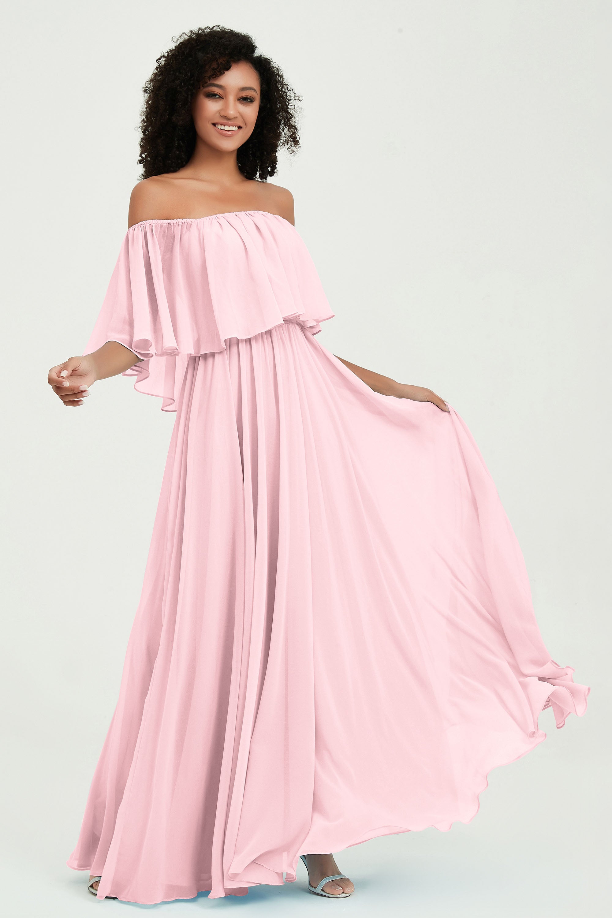 Boho Bridesmaid Dresses Ruffles Flutter Sleeves Formal Evening Dress Chiffon Off the Shoulder Gowns