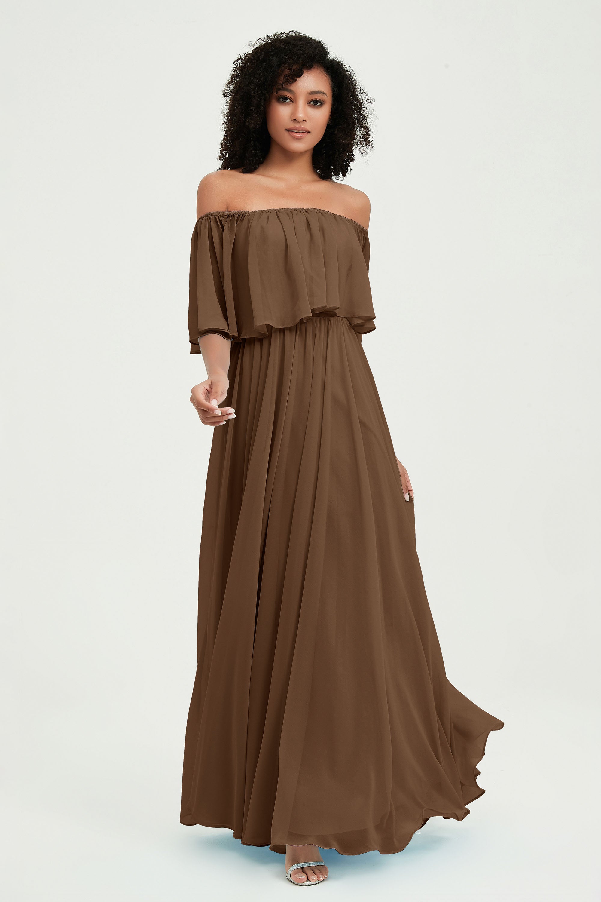 Boho Bridesmaid Dresses Ruffles Flutter Sleeves Formal Evening Dress Chiffon Off the Shoulder Gowns