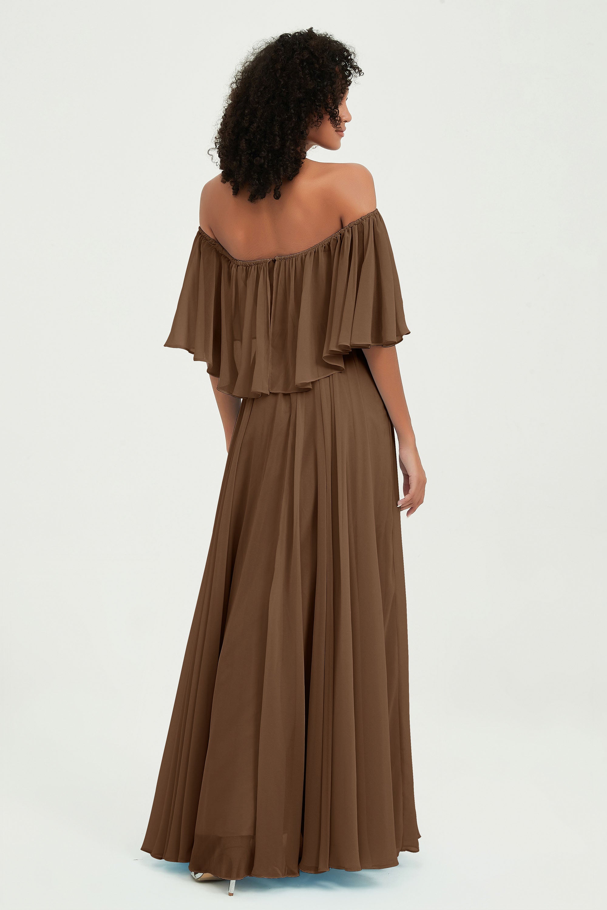 Boho Bridesmaid Dresses Ruffles Flutter Sleeves Formal Evening Dress Chiffon Off the Shoulder Gowns