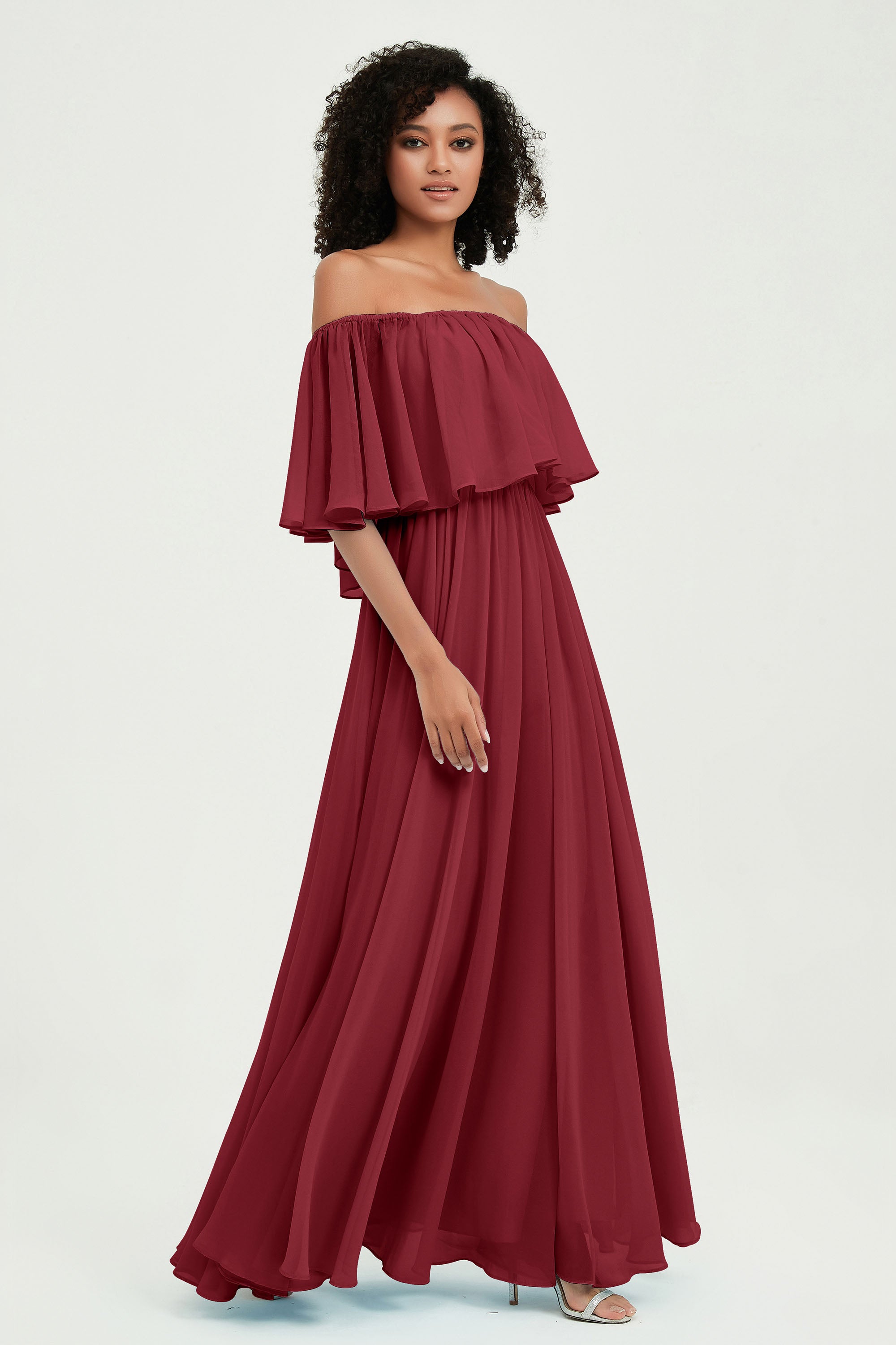 Boho Bridesmaid Dresses Ruffles Flutter Sleeves Formal Evening Dress Chiffon Off the Shoulder Gowns