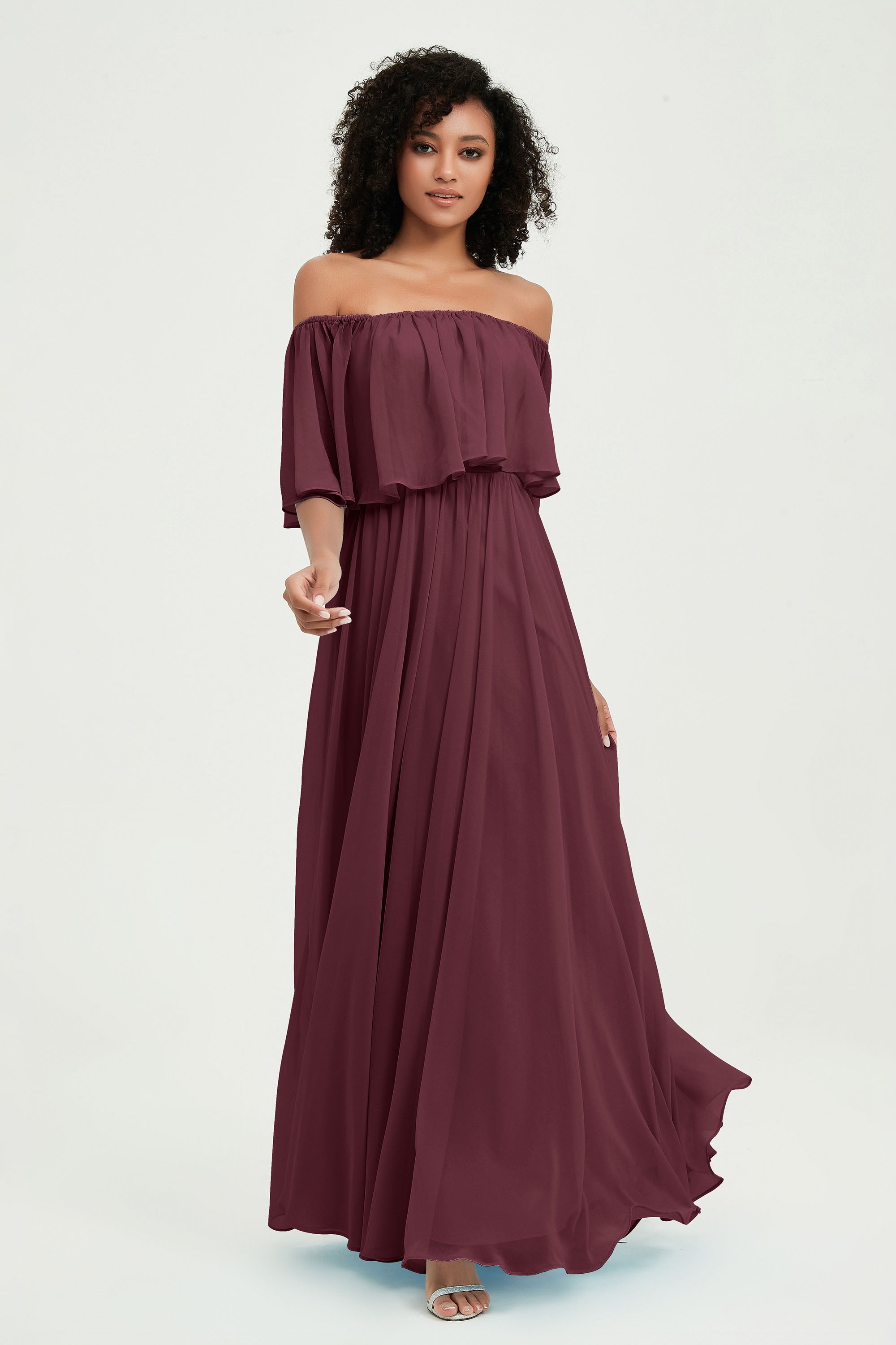 Boho Bridesmaid Dresses Ruffles Flutter Sleeves Formal Evening Dress Chiffon Off the Shoulder Gowns