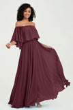 Boho Bridesmaid Dresses Ruffles Flutter Sleeves Formal Evening Dress Chiffon Off the Shoulder Gowns