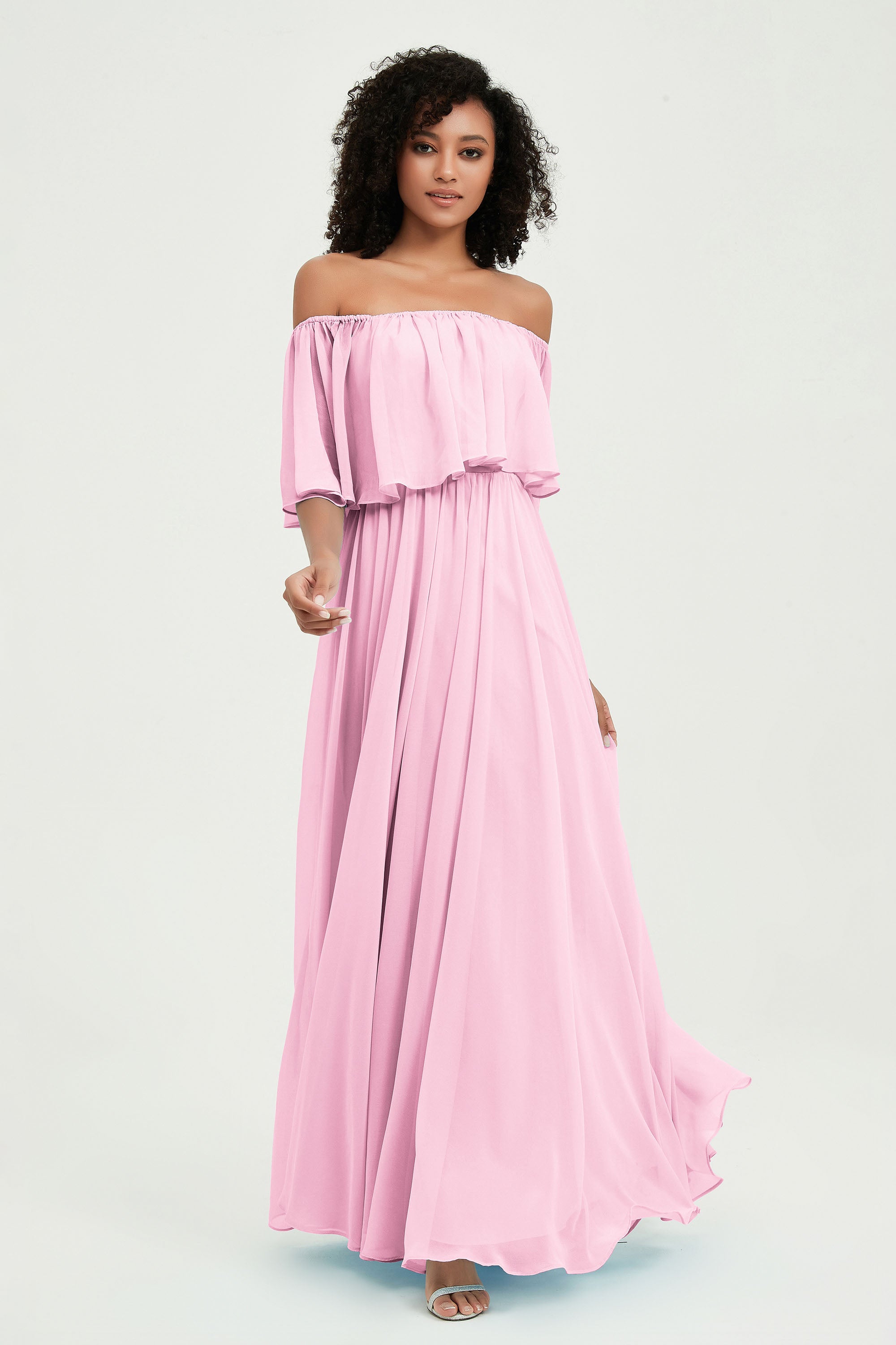Boho Bridesmaid Dresses Ruffles Flutter Sleeves Formal Evening Dress Chiffon Off the Shoulder Gowns