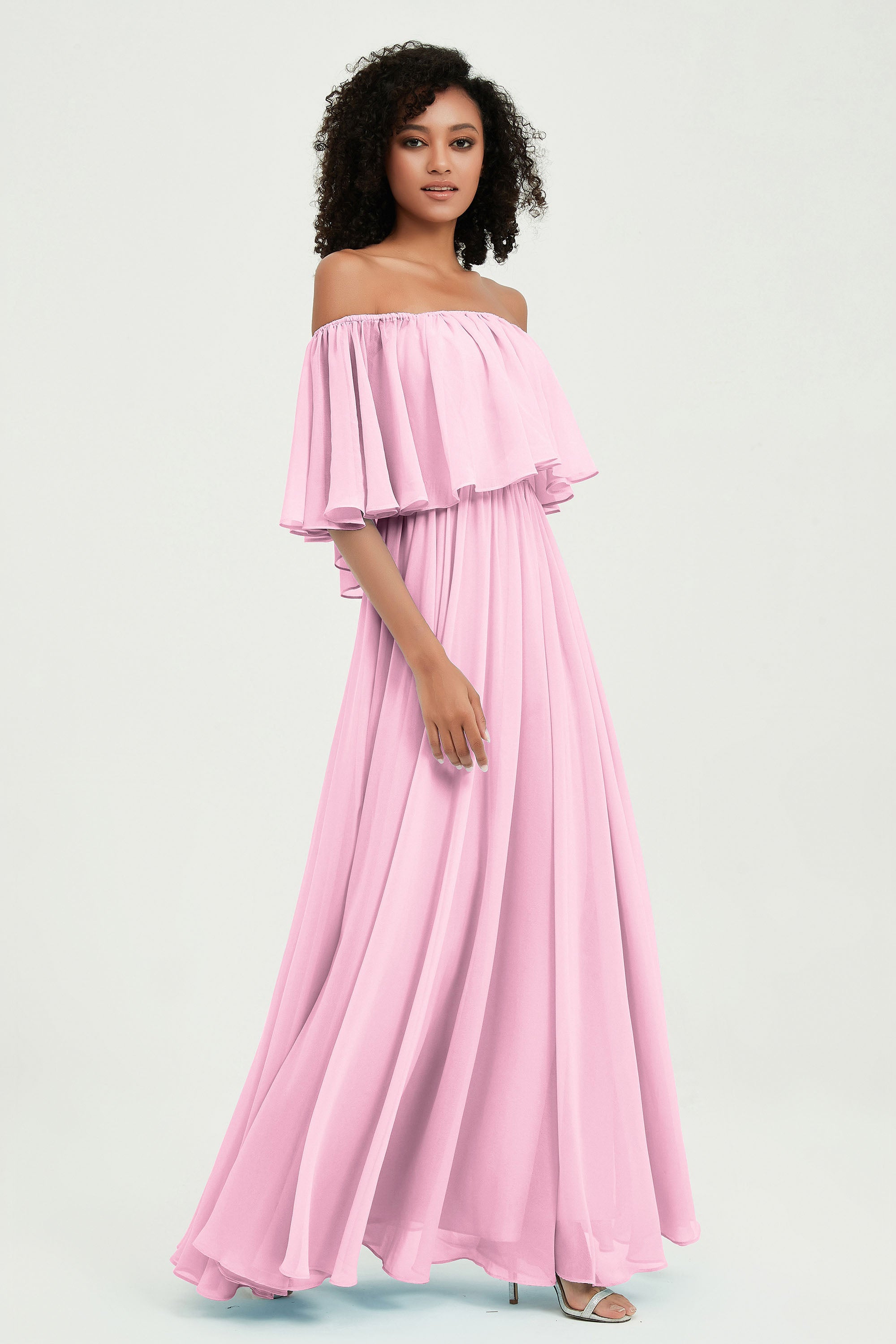 Boho Bridesmaid Dresses Ruffles Flutter Sleeves Formal Evening Dress Chiffon Off the Shoulder Gowns