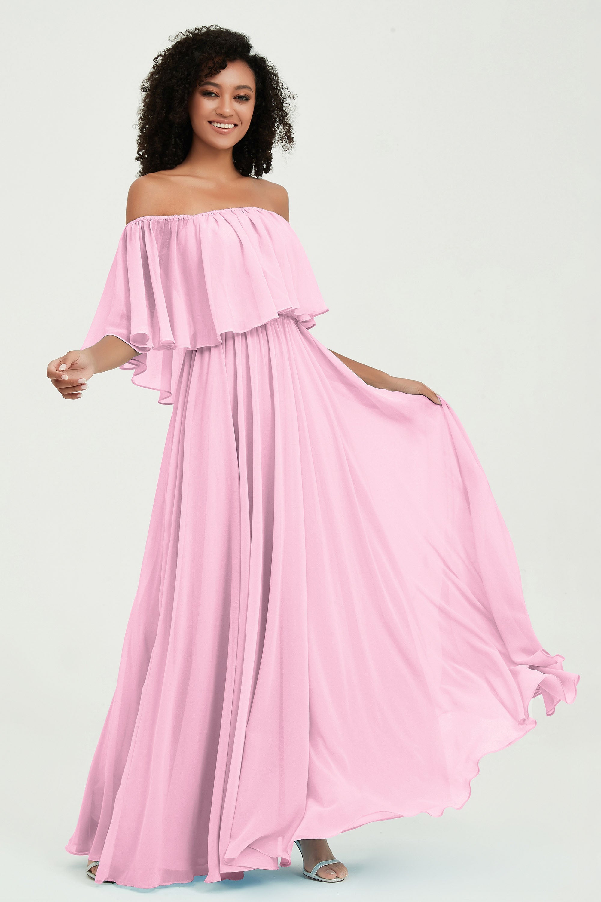 Boho Bridesmaid Dresses Ruffles Flutter Sleeves Formal Evening Dress Chiffon Off the Shoulder Gowns