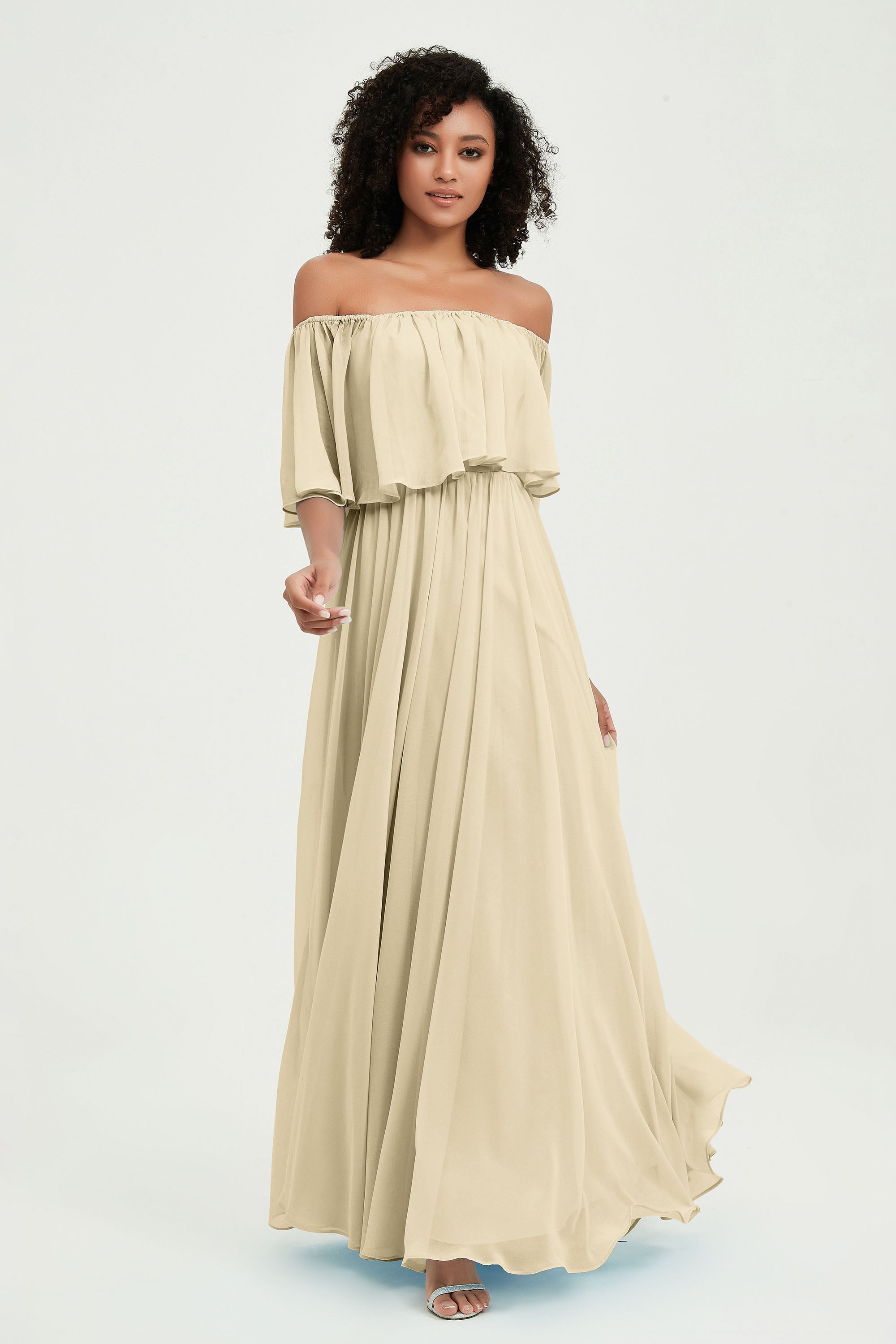 Boho Bridesmaid Dresses Ruffles Flutter Sleeves Formal Evening Dress Chiffon Off the Shoulder Gowns