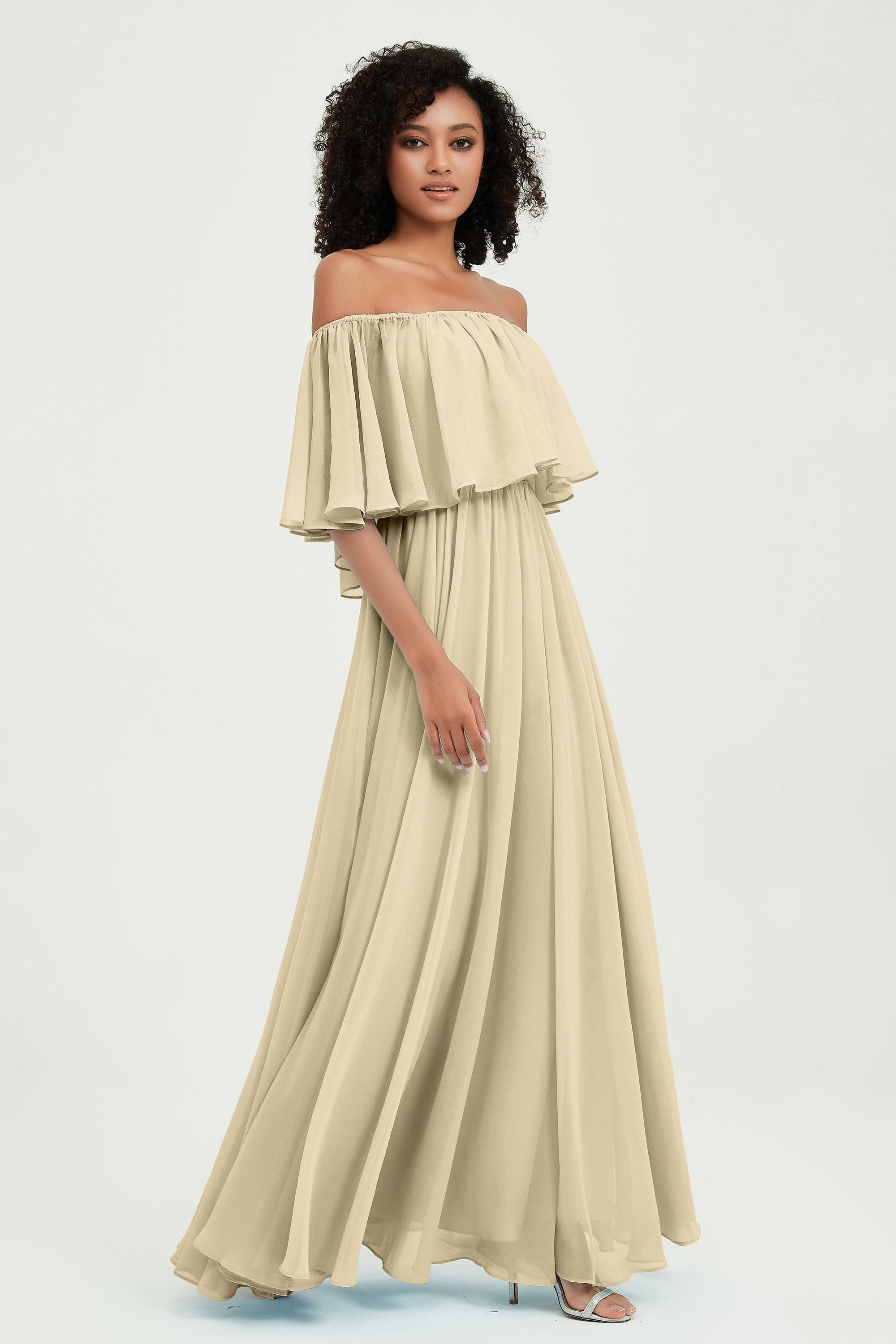 Boho Bridesmaid Dresses Ruffles Flutter Sleeves Formal Evening Dress Chiffon Off the Shoulder Gowns