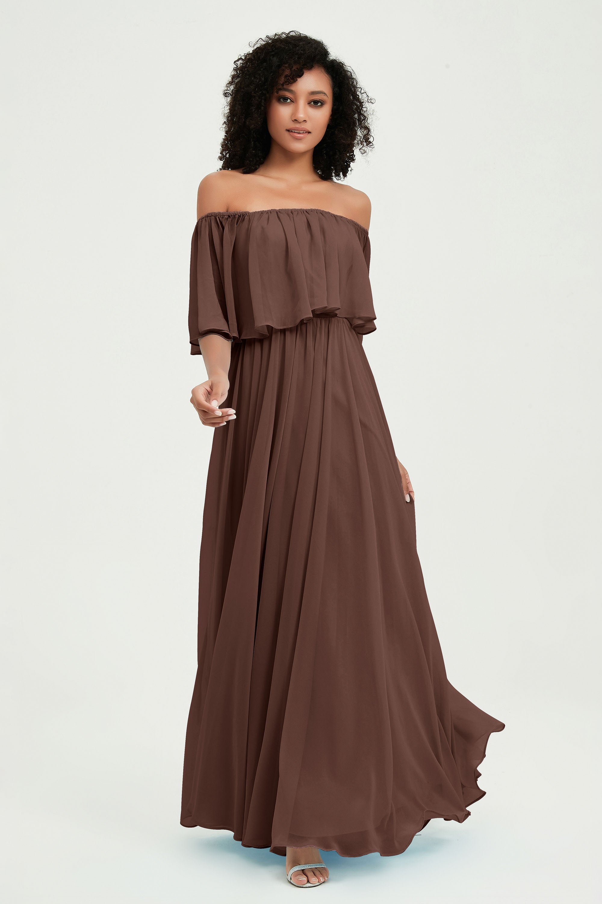 Boho Bridesmaid Dresses Ruffles Flutter Sleeves Formal Evening Dress Chiffon Off the Shoulder Gowns