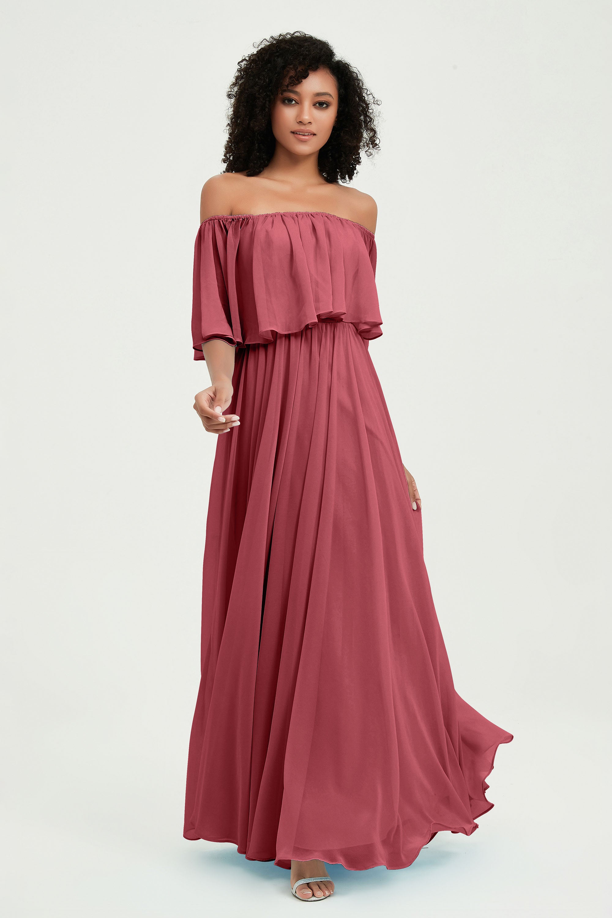 Boho Bridesmaid Dresses Ruffles Flutter Sleeves Formal Evening Dress Chiffon Off the Shoulder Gowns