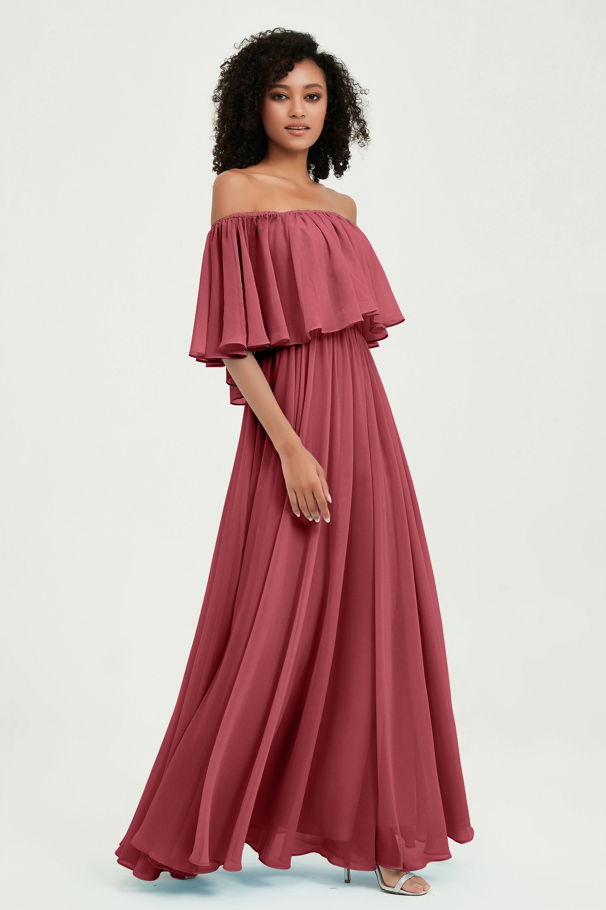 Boho Bridesmaid Dresses Ruffles Flutter Sleeves Formal Evening Dress Chiffon Off the Shoulder Gowns