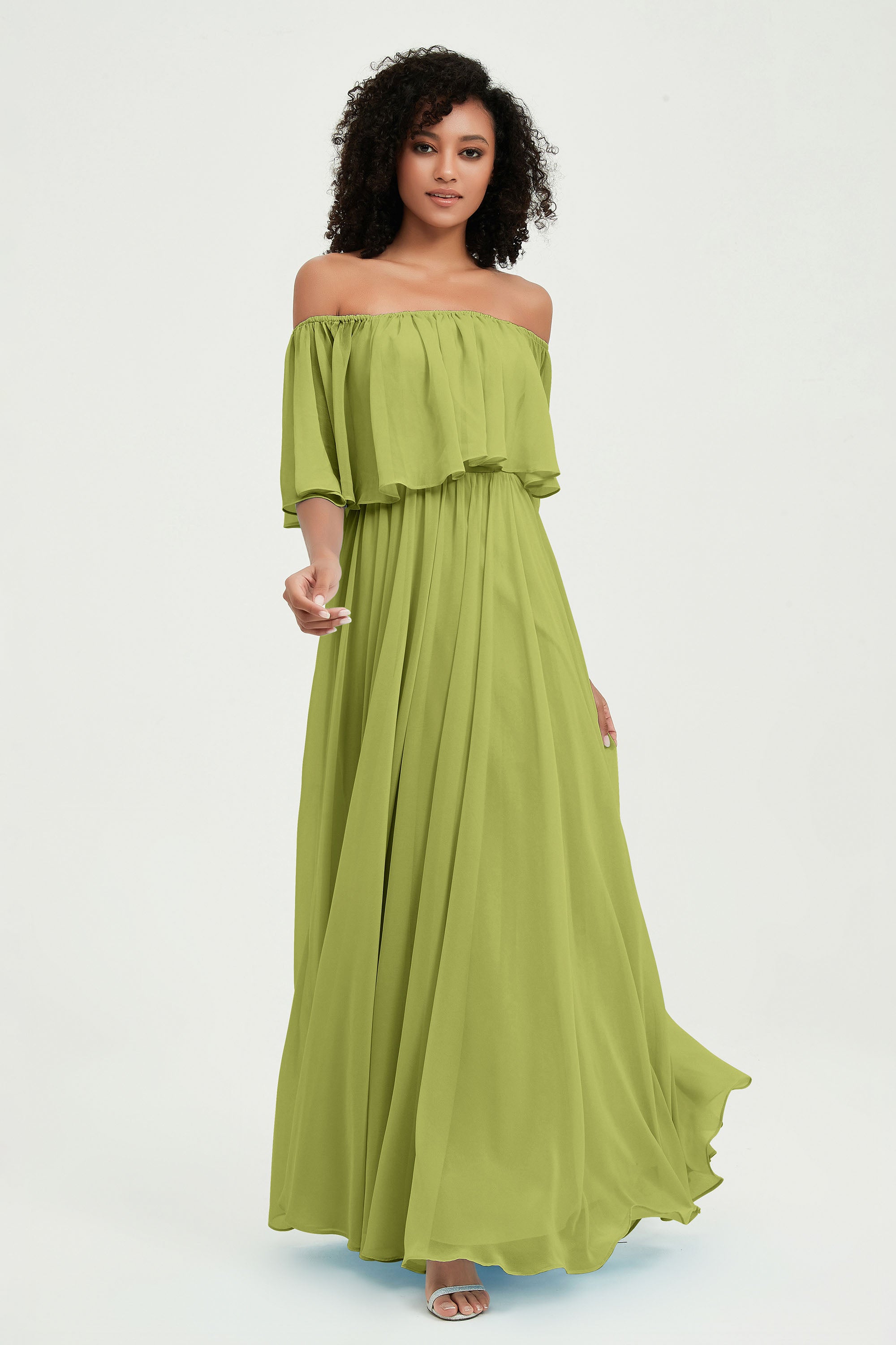Boho Bridesmaid Dresses Ruffles Flutter Sleeves Formal Evening Dress Chiffon Off the Shoulder Gowns