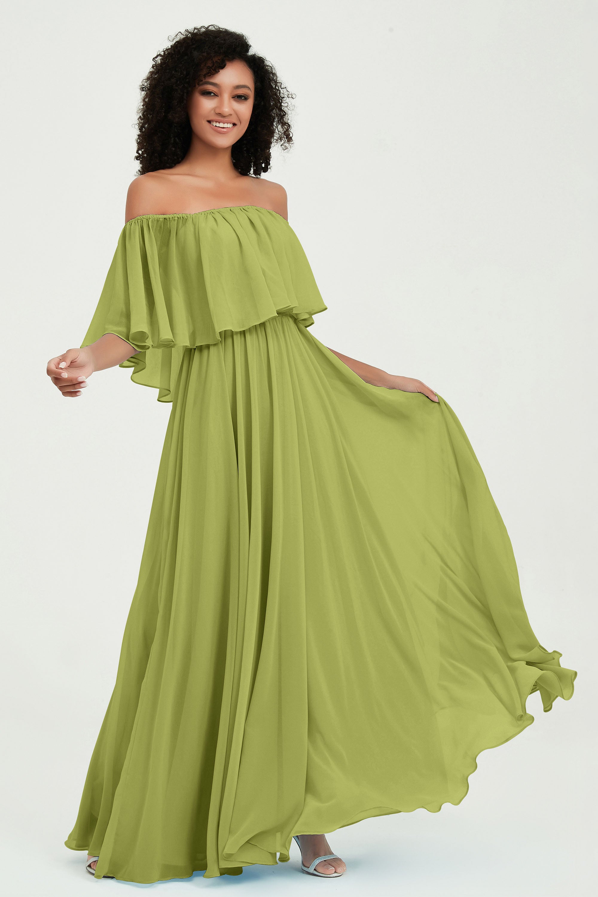 Boho Bridesmaid Dresses Ruffles Flutter Sleeves Formal Evening Dress Chiffon Off the Shoulder Gowns