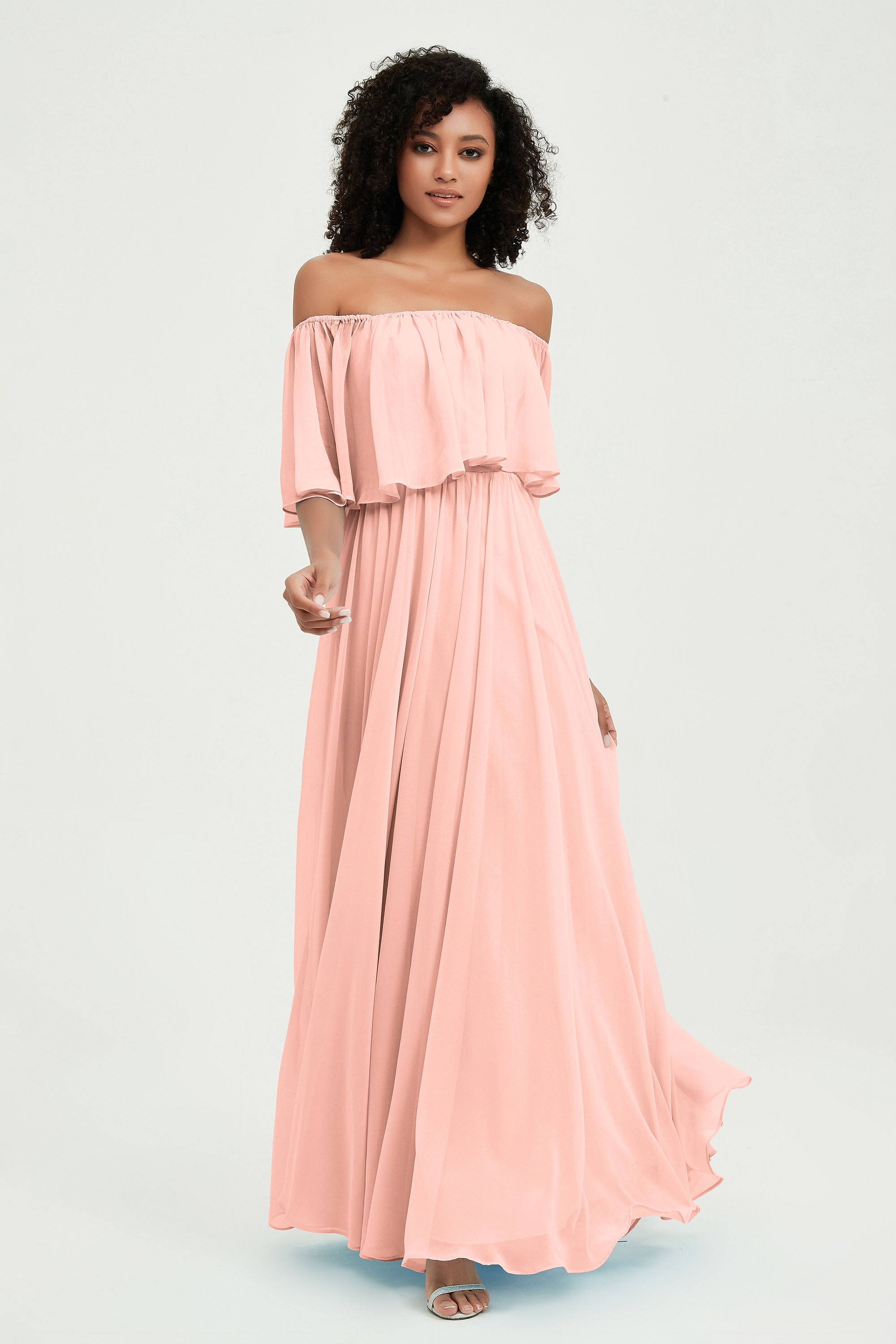 Boho Bridesmaid Dresses Ruffles Flutter Sleeves Formal Evening Dress Chiffon Off the Shoulder Gowns