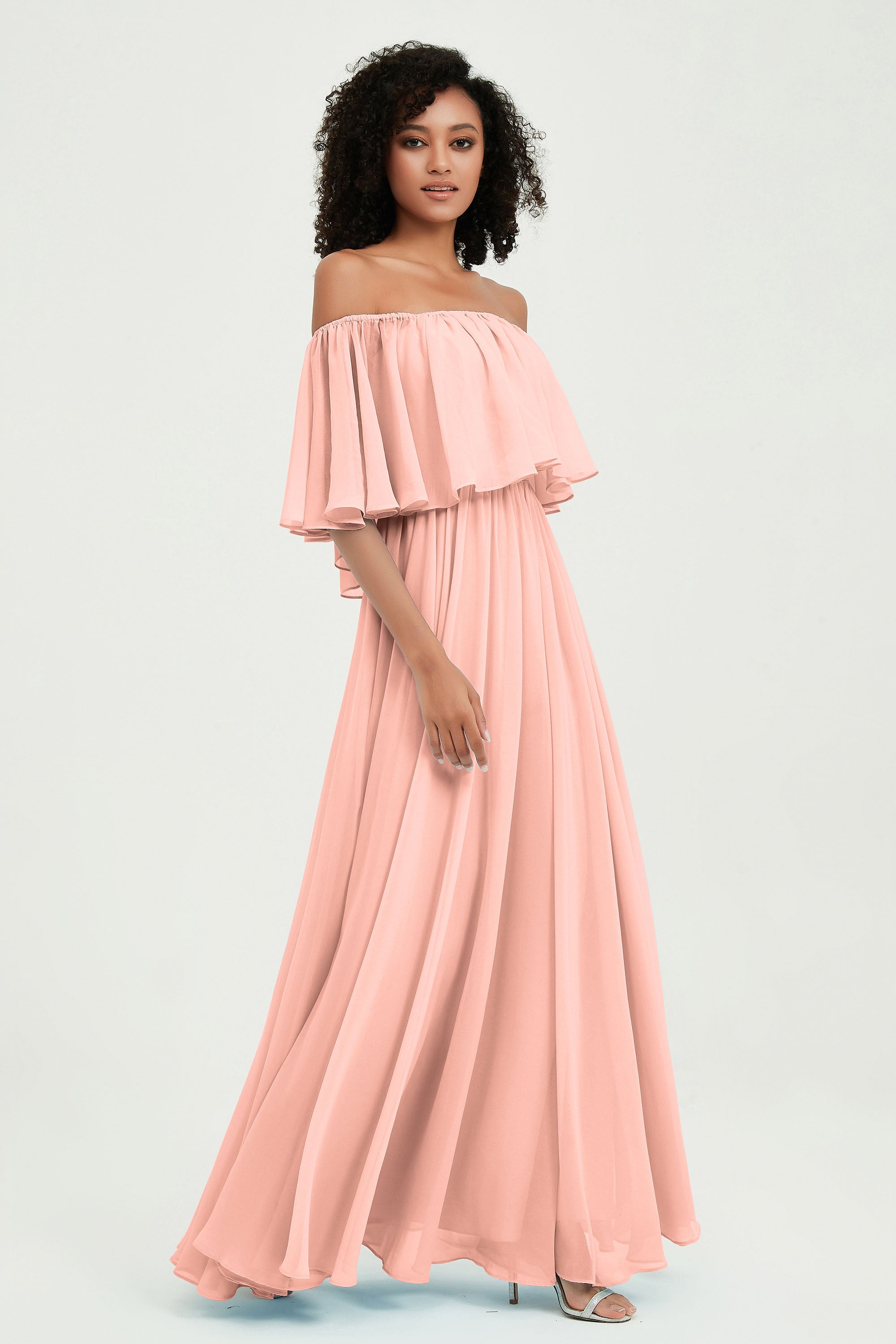 Boho Bridesmaid Dresses Ruffles Flutter Sleeves Formal Evening Dress Chiffon Off the Shoulder Gowns
