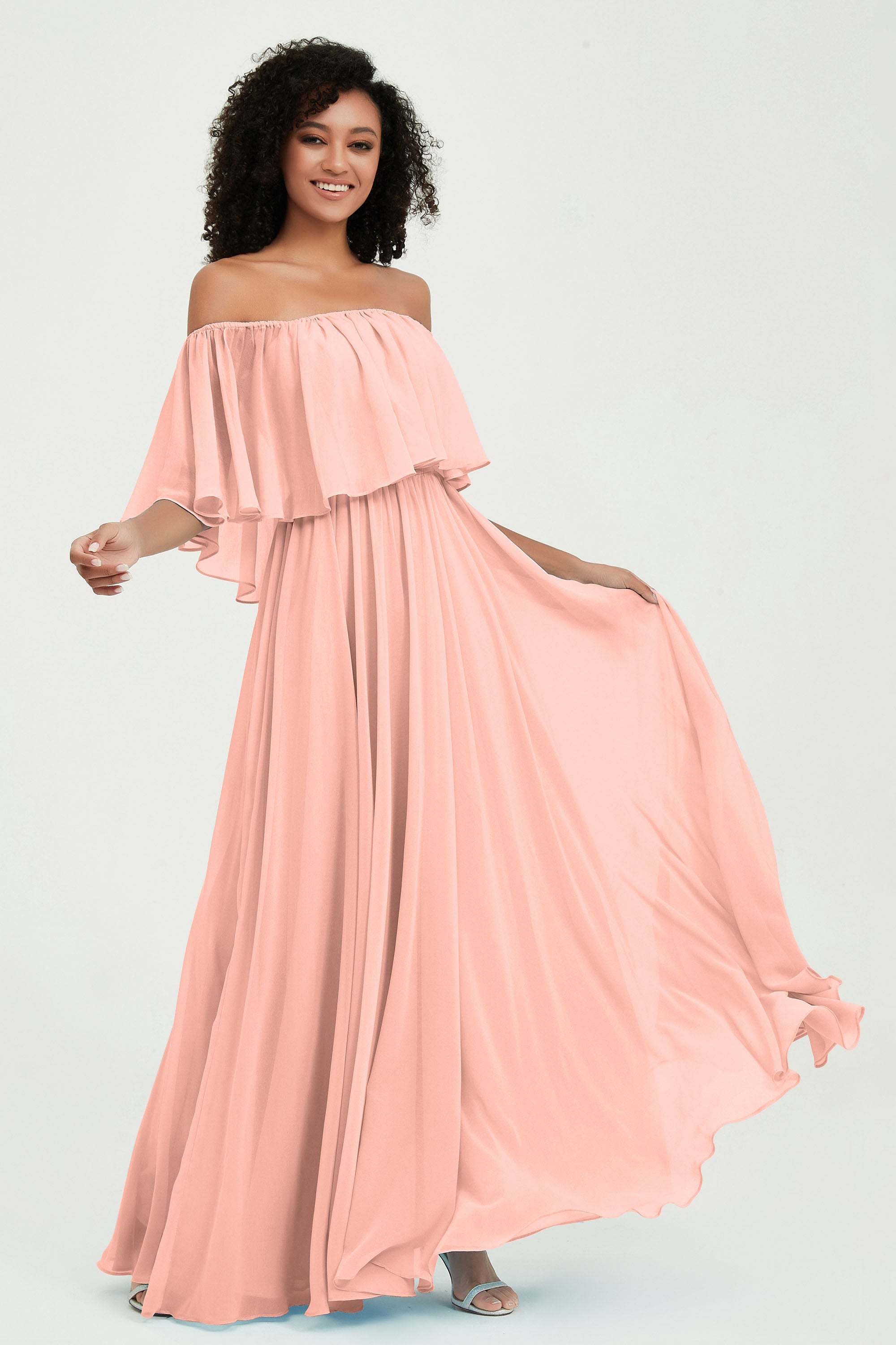Boho Bridesmaid Dresses Ruffles Flutter Sleeves Formal Evening Dress Chiffon Off the Shoulder Gowns