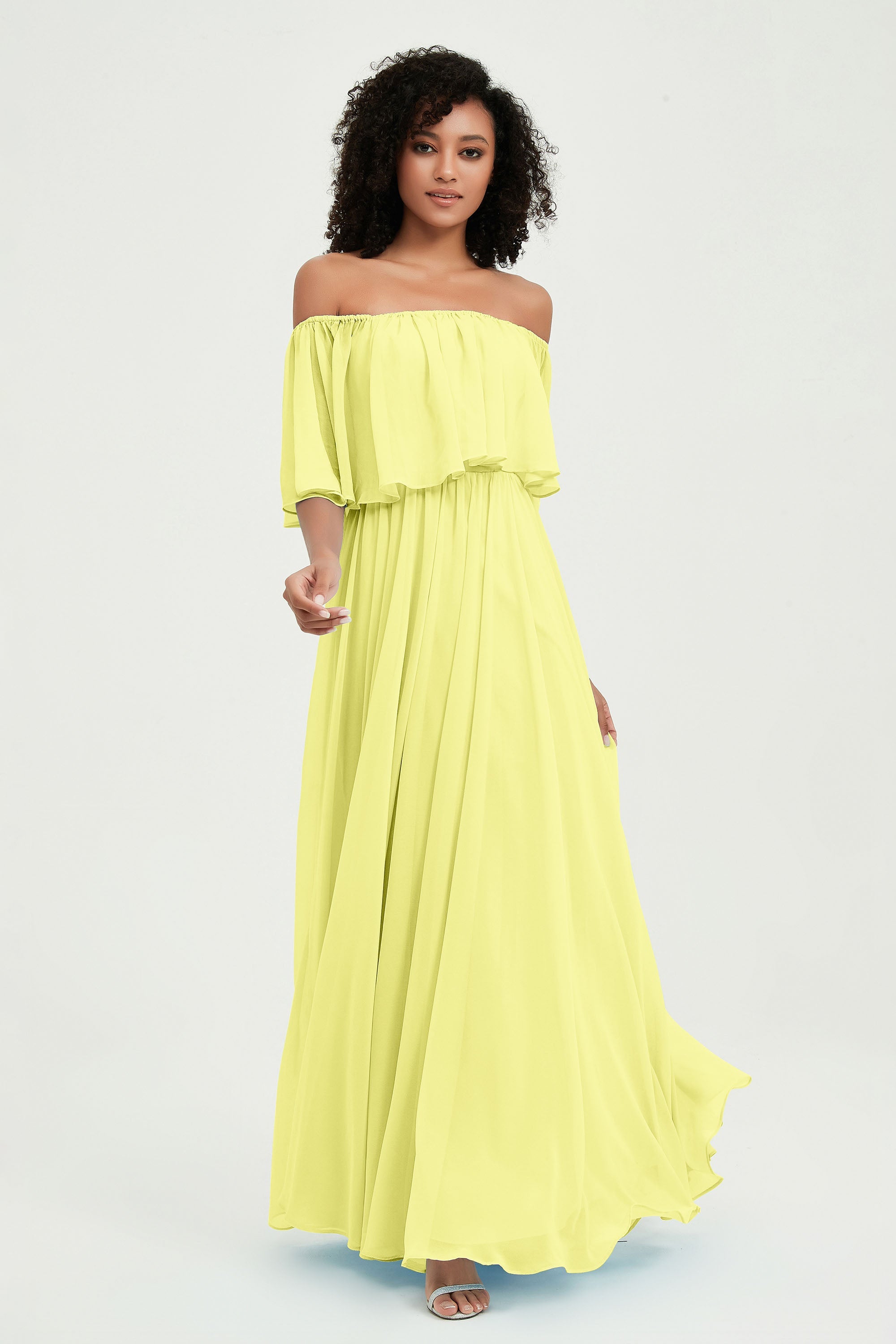 Boho Bridesmaid Dresses Ruffles Flutter Sleeves Formal Evening Dress Chiffon Off the Shoulder Gowns