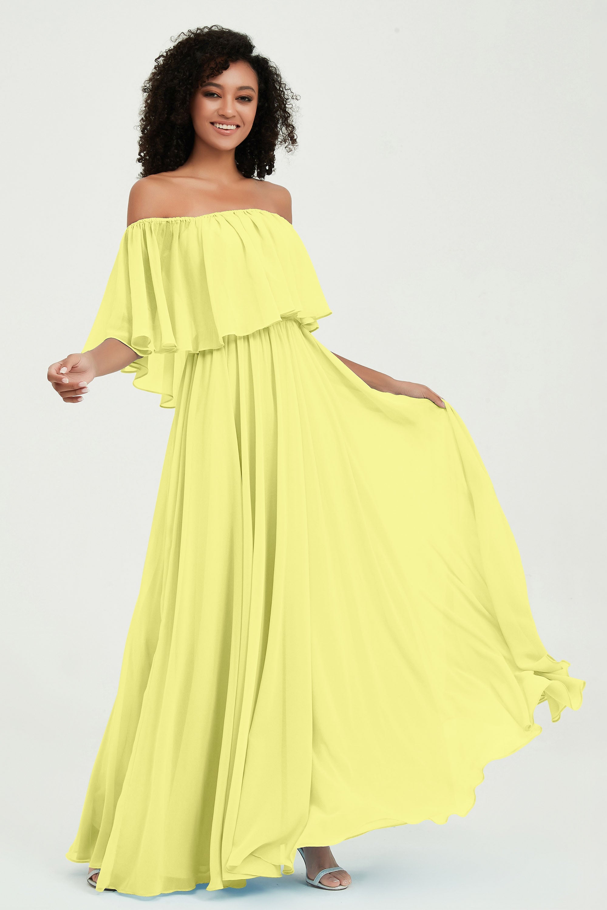 Boho Bridesmaid Dresses Ruffles Flutter Sleeves Formal Evening Dress Chiffon Off the Shoulder Gowns