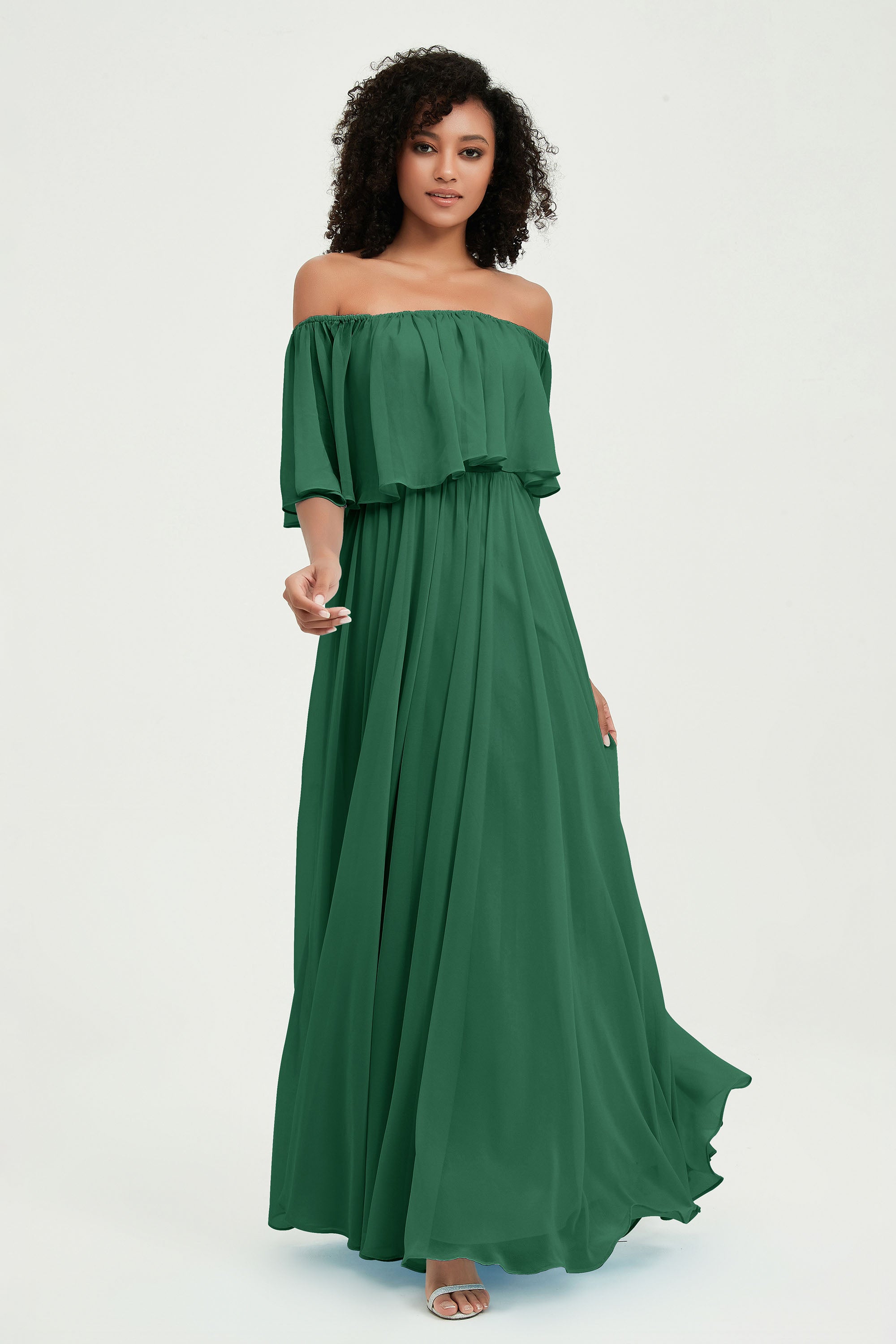 Boho Bridesmaid Dresses Ruffles Flutter Sleeves Formal Evening Dress Chiffon Off the Shoulder Gowns