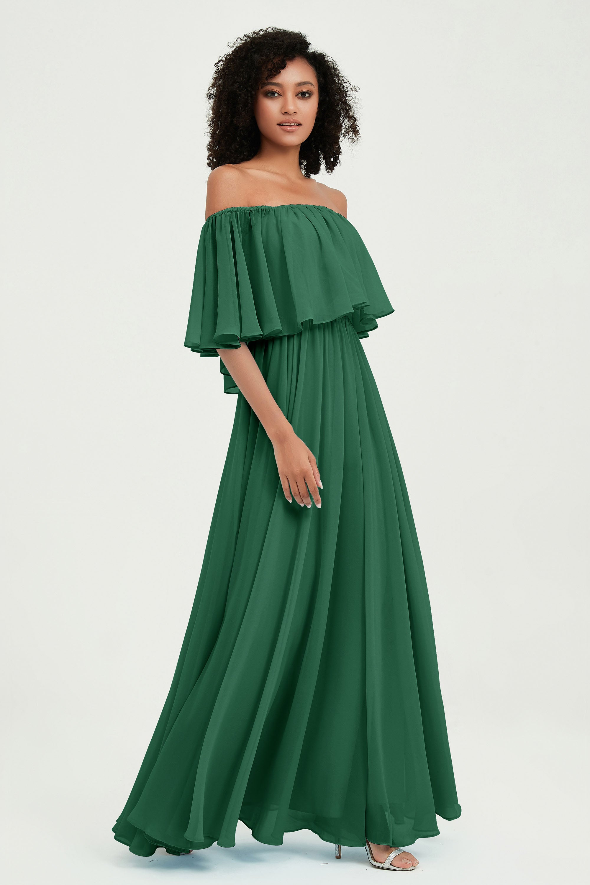 Boho Bridesmaid Dresses Ruffles Flutter Sleeves Formal Evening Dress Chiffon Off the Shoulder Gowns