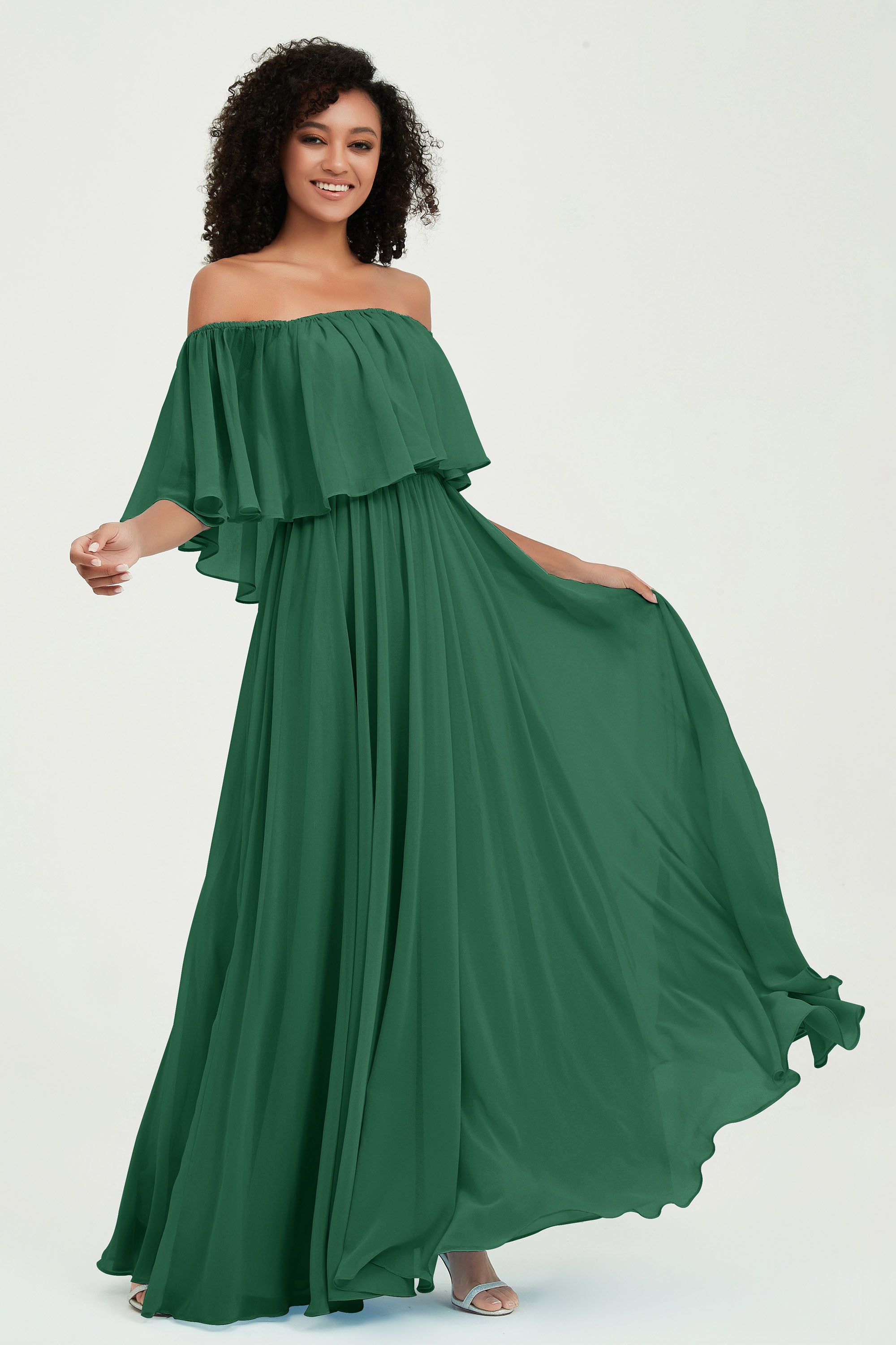 Boho Bridesmaid Dresses Ruffles Flutter Sleeves Formal Evening Dress Chiffon Off the Shoulder Gowns