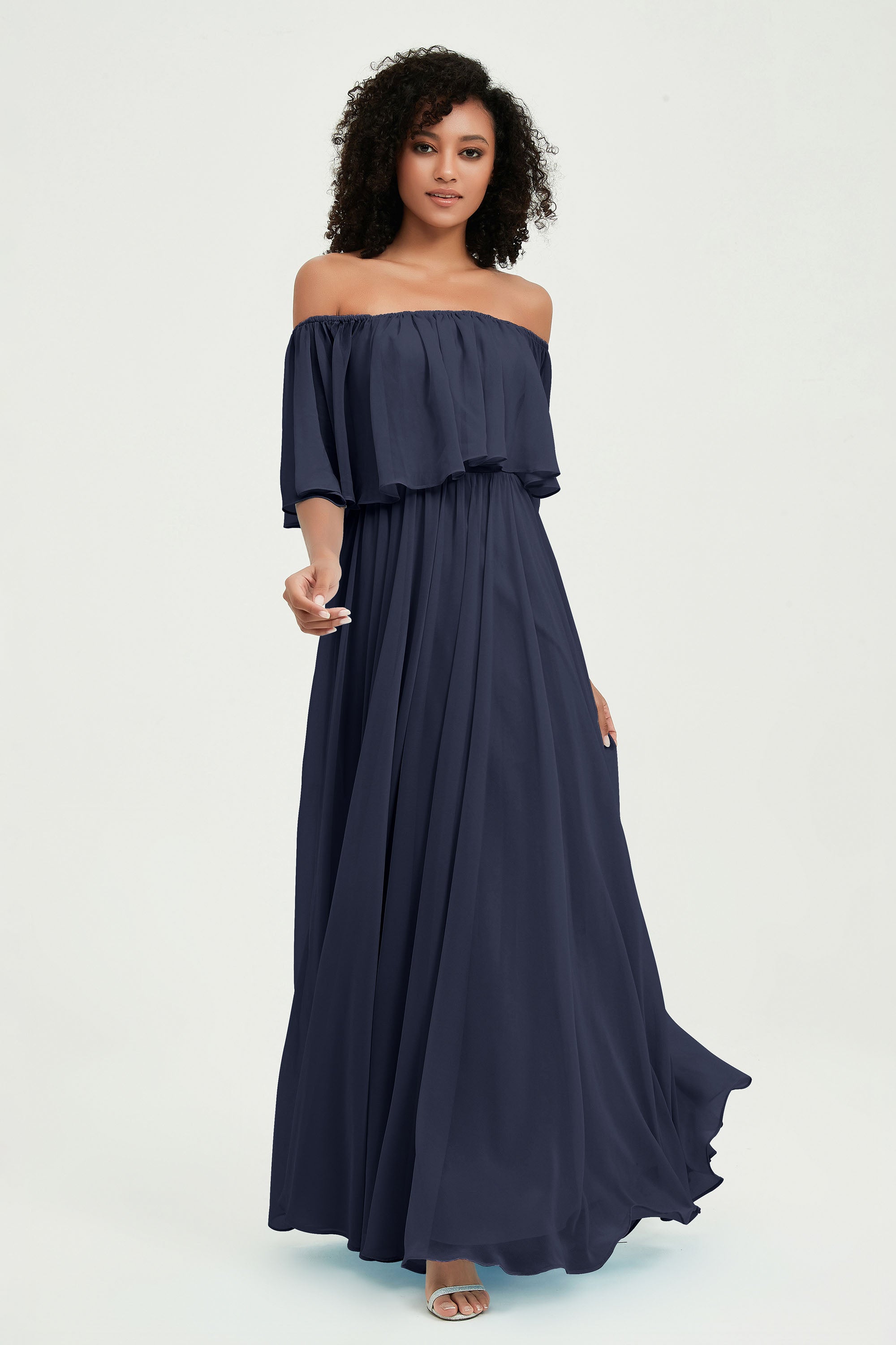 Boho Bridesmaid Dresses Ruffles Flutter Sleeves Formal Evening Dress Chiffon Off the Shoulder Gowns