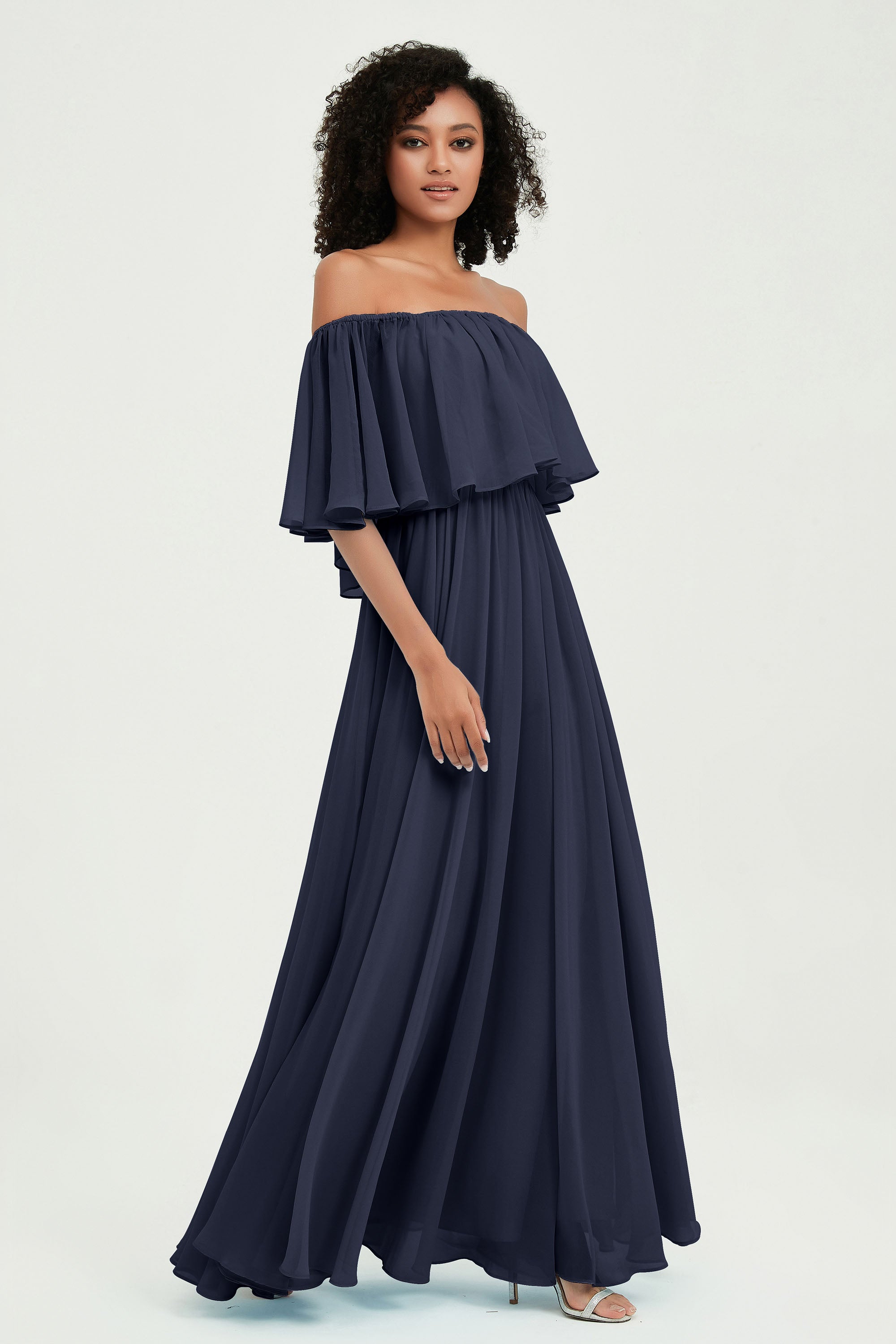 Boho Bridesmaid Dresses Ruffles Flutter Sleeves Formal Evening Dress Chiffon Off the Shoulder Gowns