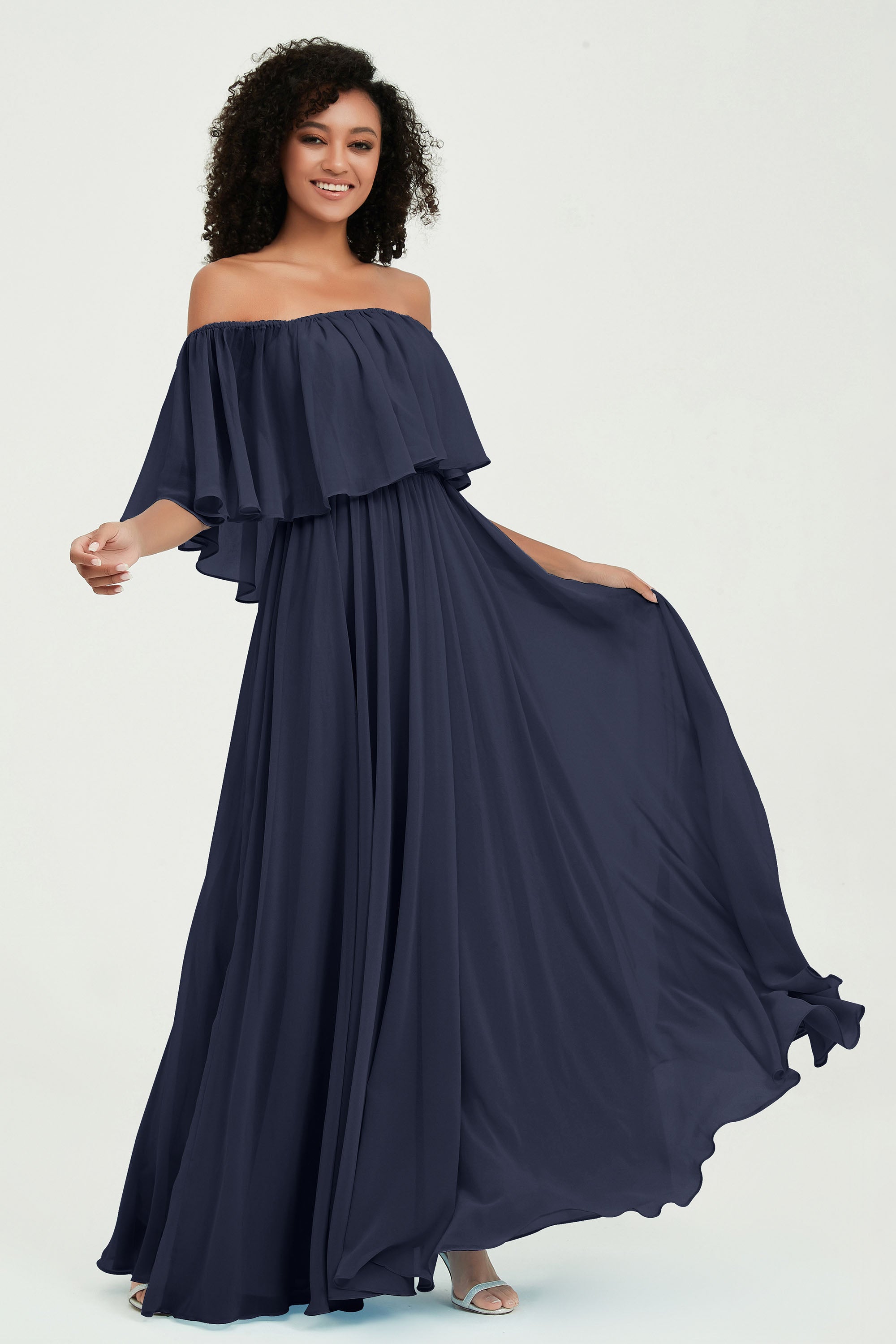 Boho Bridesmaid Dresses Ruffles Flutter Sleeves Formal Evening Dress Chiffon Off the Shoulder Gowns