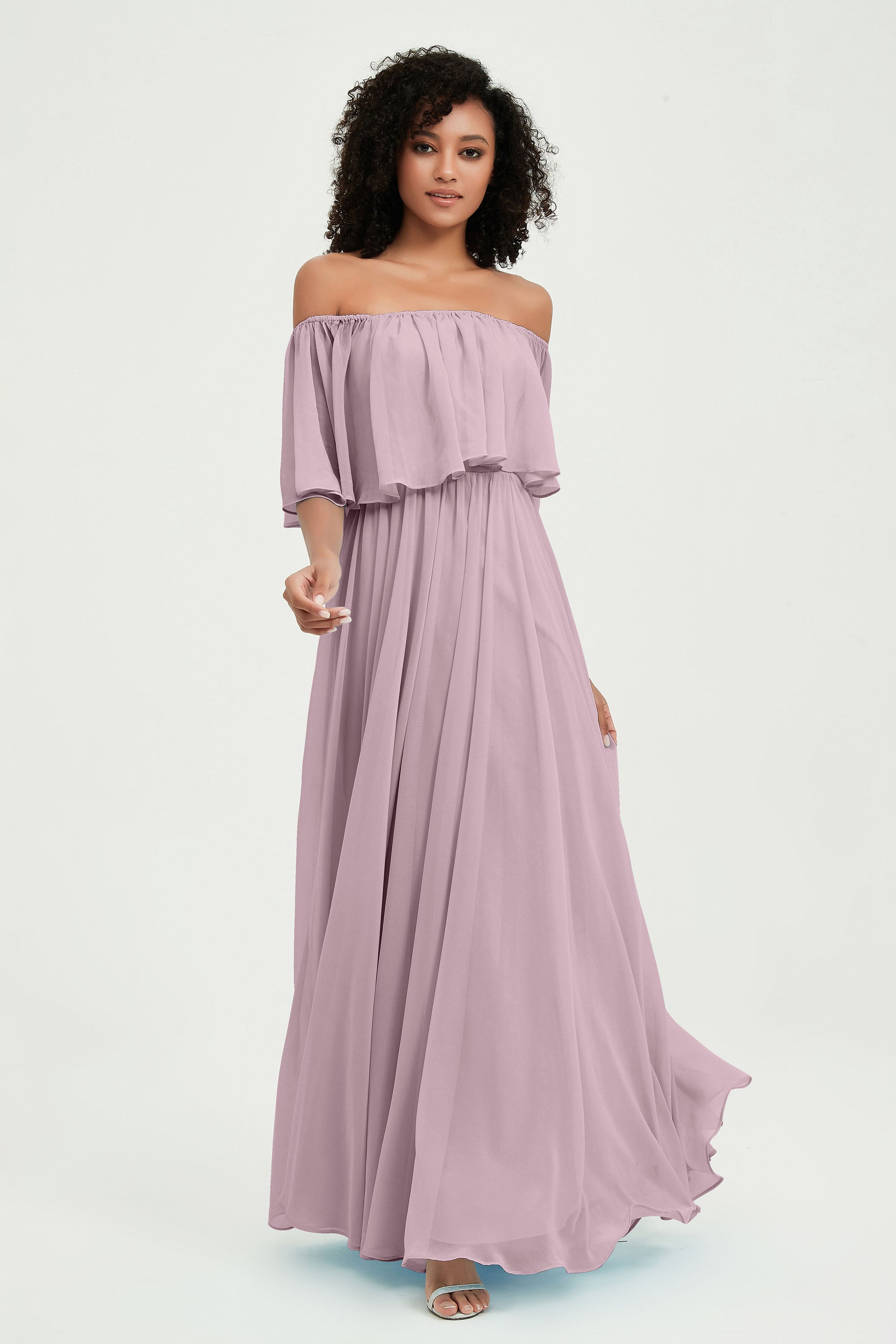 Boho Bridesmaid Dresses Ruffles Flutter Sleeves Formal Evening Dress Chiffon Off the Shoulder Gowns