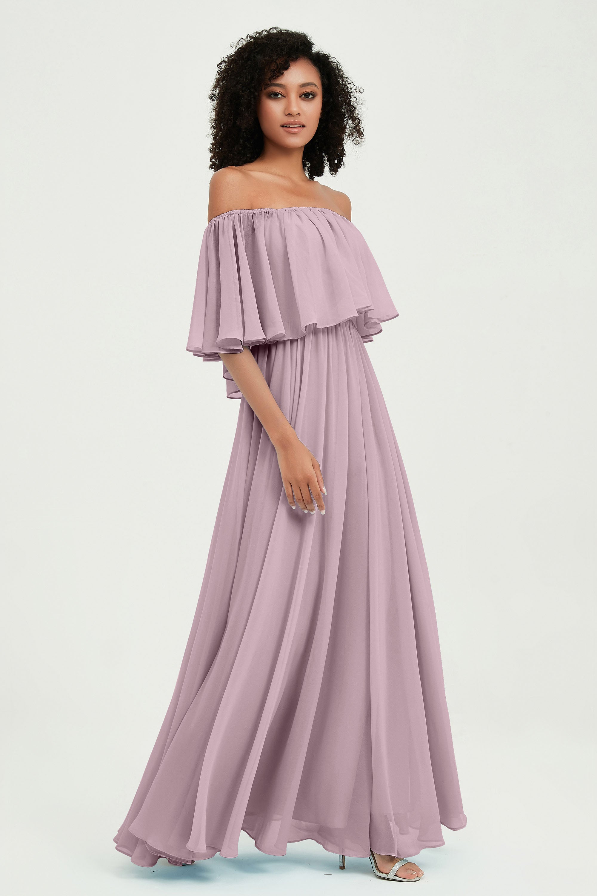 Boho Bridesmaid Dresses Ruffles Flutter Sleeves Formal Evening Dress Chiffon Off the Shoulder Gowns