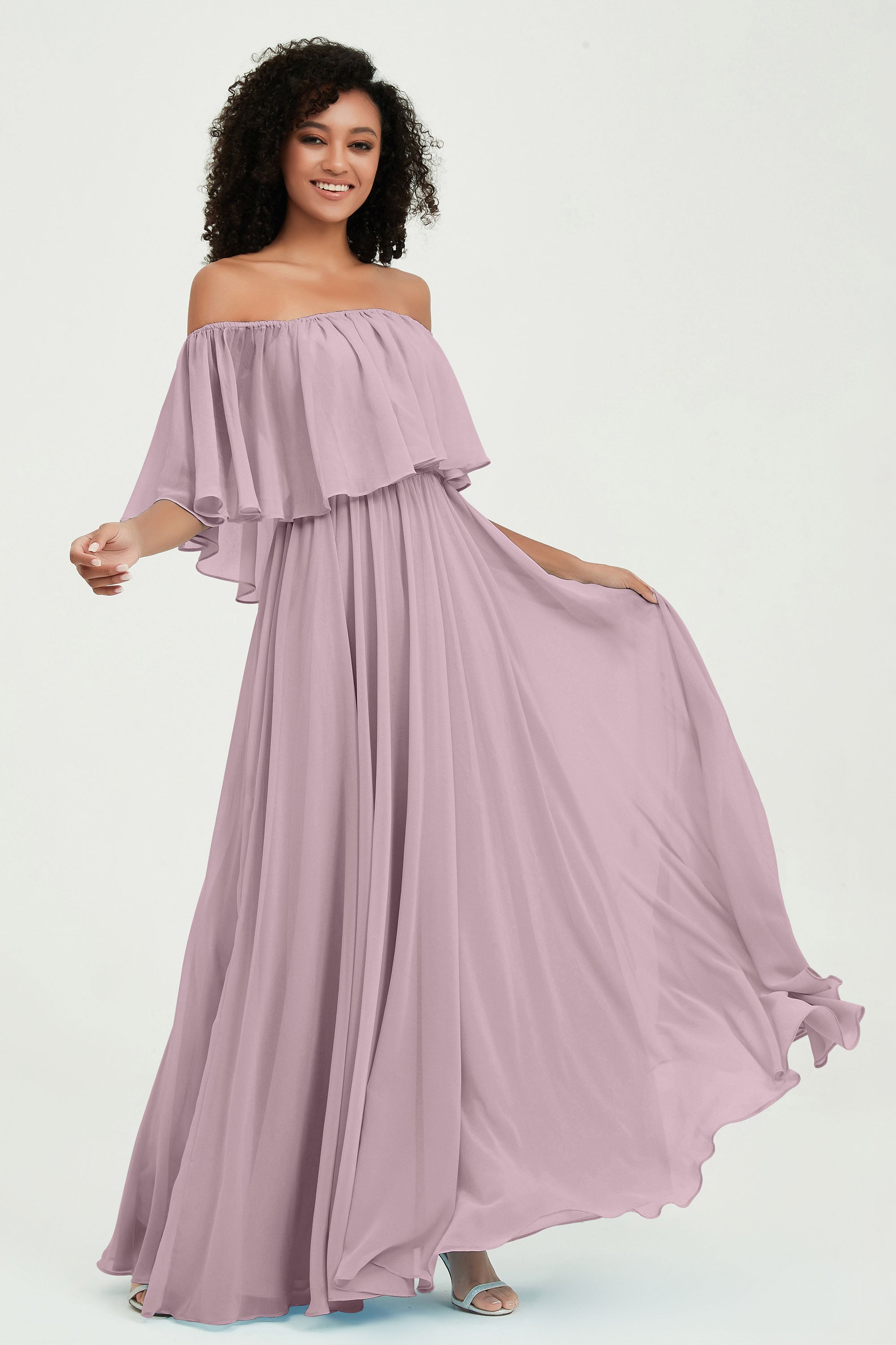 Boho Bridesmaid Dresses Ruffles Flutter Sleeves Formal Evening Dress Chiffon Off the Shoulder Gowns
