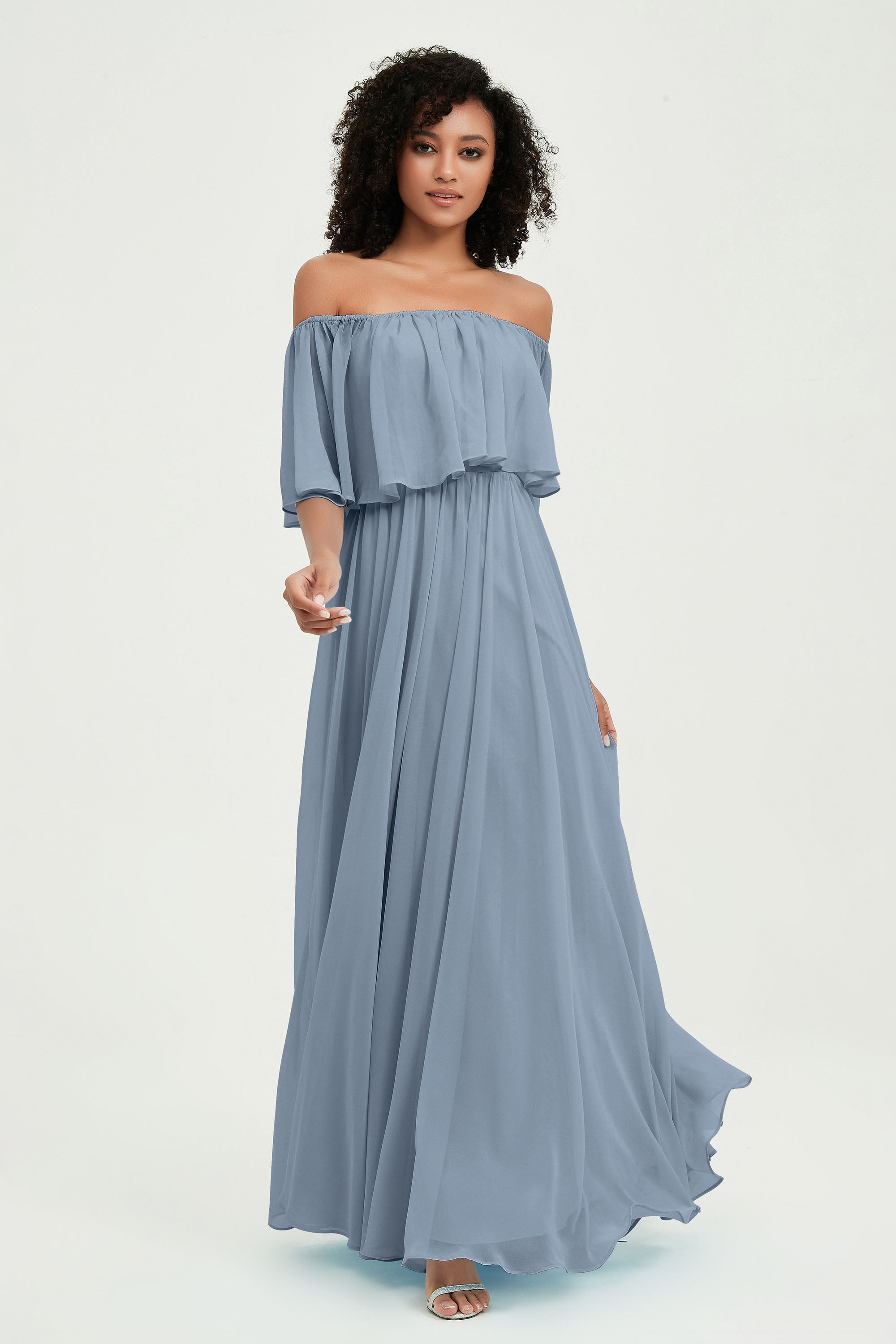 Boho Bridesmaid Dresses Ruffles Flutter Sleeves Formal Evening Dress Chiffon Off the Shoulder Gowns