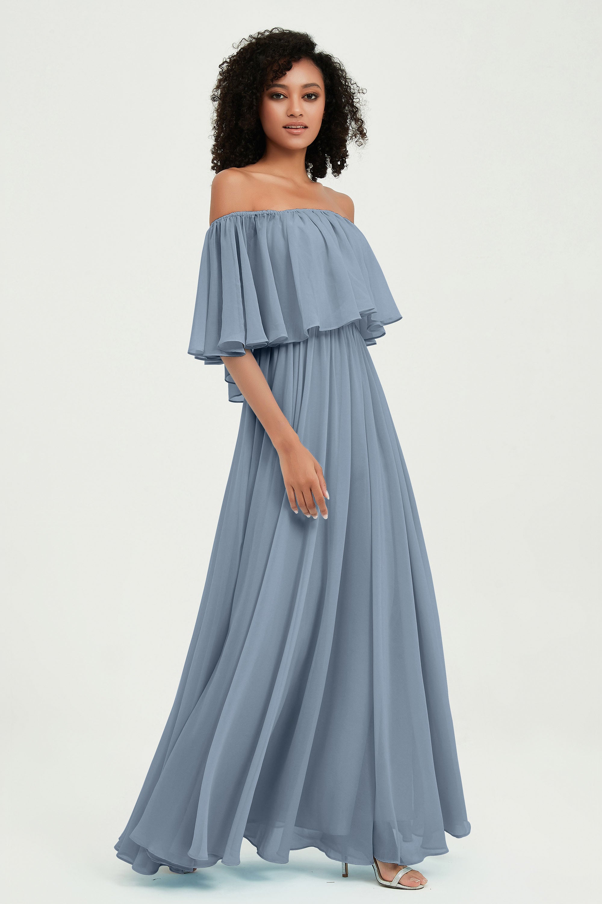 Boho Bridesmaid Dresses Ruffles Flutter Sleeves Formal Evening Dress Chiffon Off the Shoulder Gowns