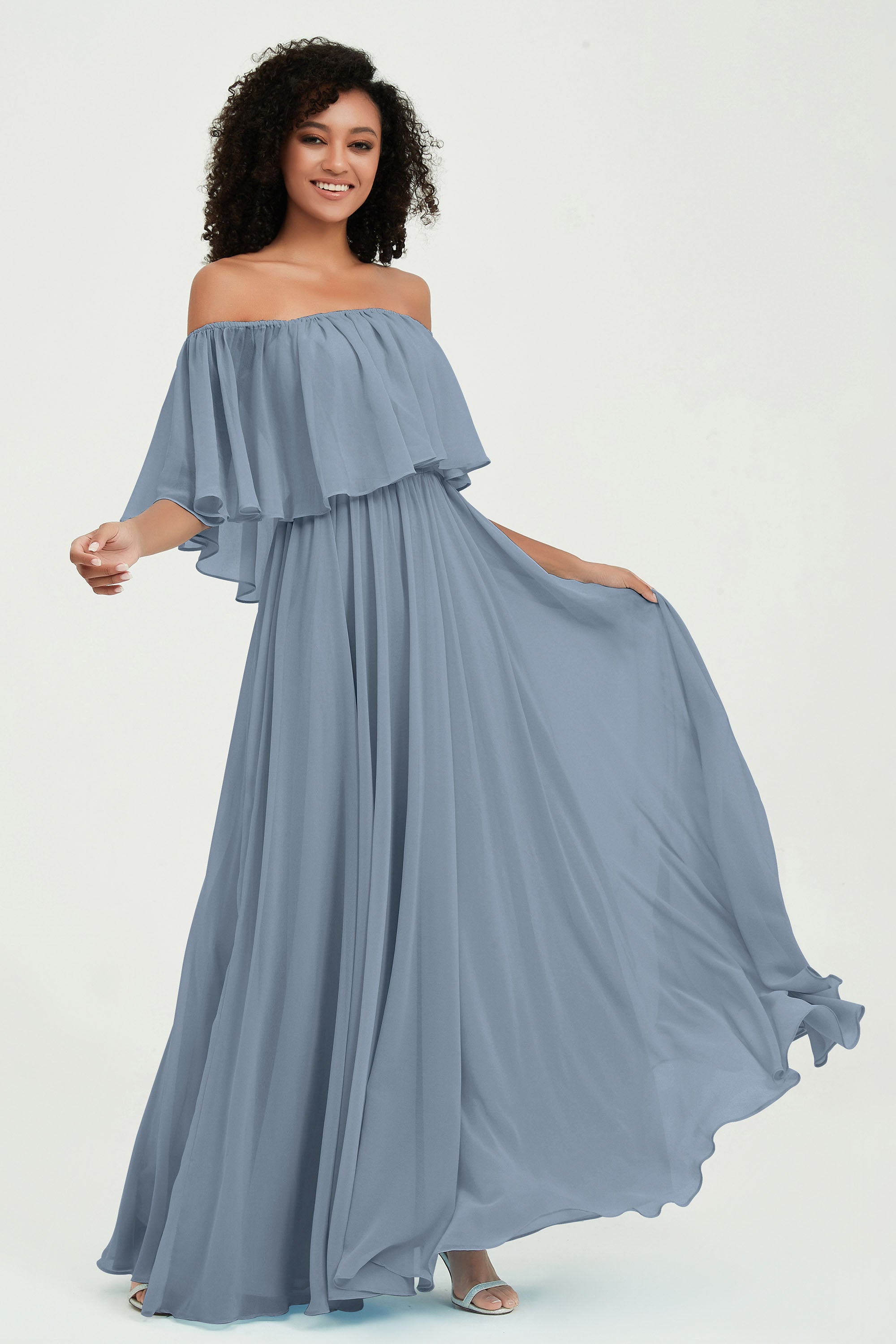 Boho Bridesmaid Dresses Ruffles Flutter Sleeves Formal Evening Dress Chiffon Off the Shoulder Gowns