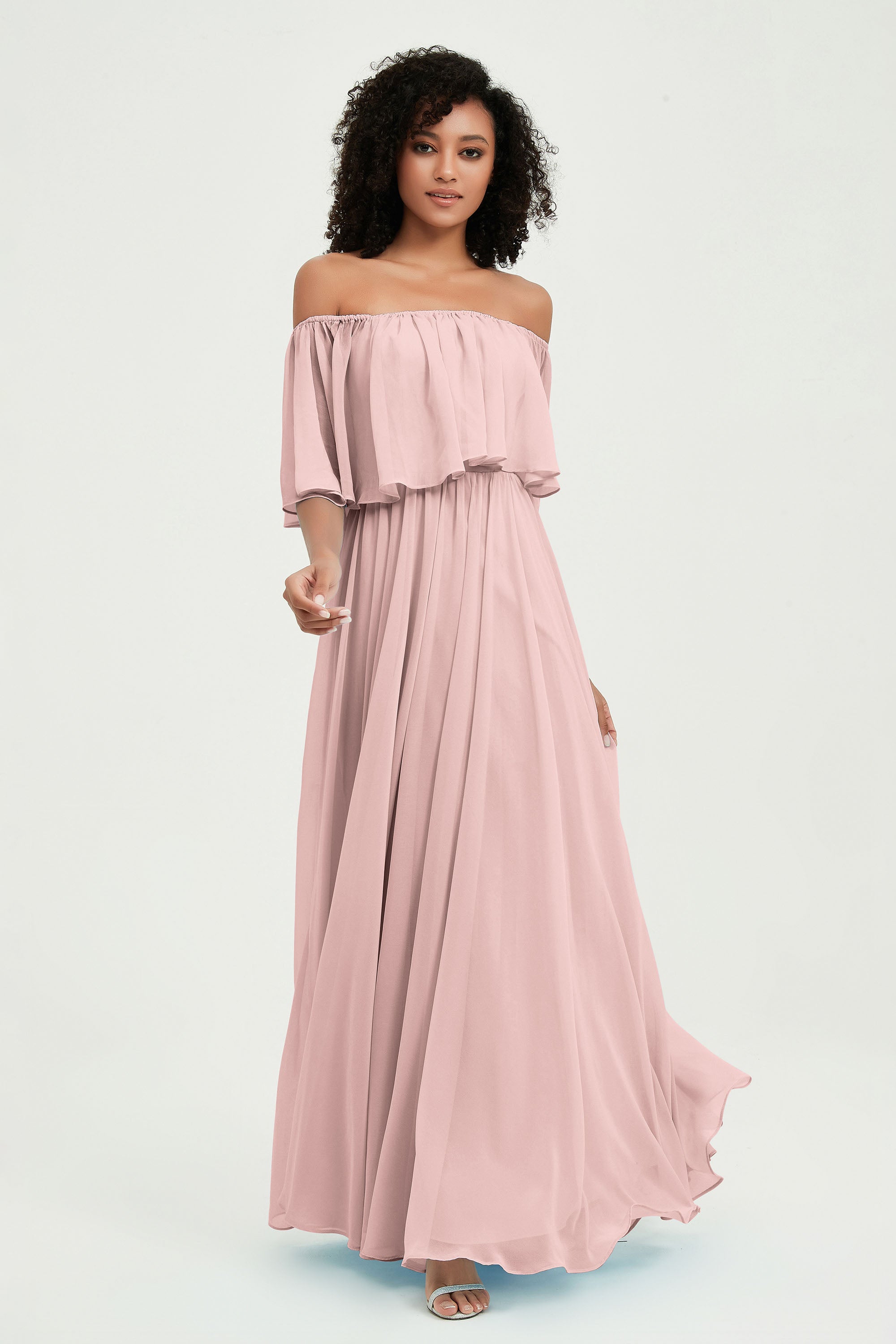 Boho Bridesmaid Dresses Ruffles Flutter Sleeves Formal Evening Dress Chiffon Off the Shoulder Gowns