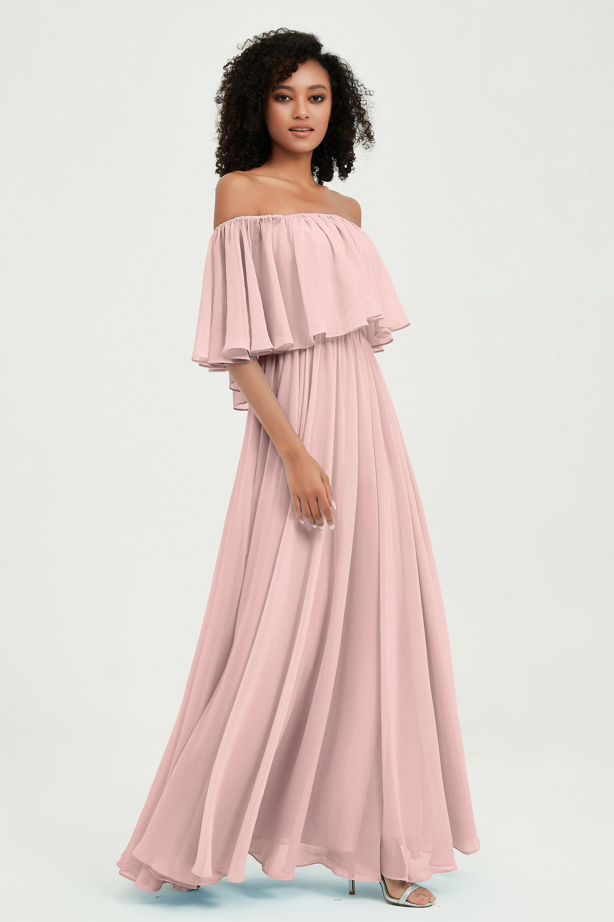 Boho Bridesmaid Dresses Ruffles Flutter Sleeves Formal Evening Dress Chiffon Off the Shoulder Gowns
