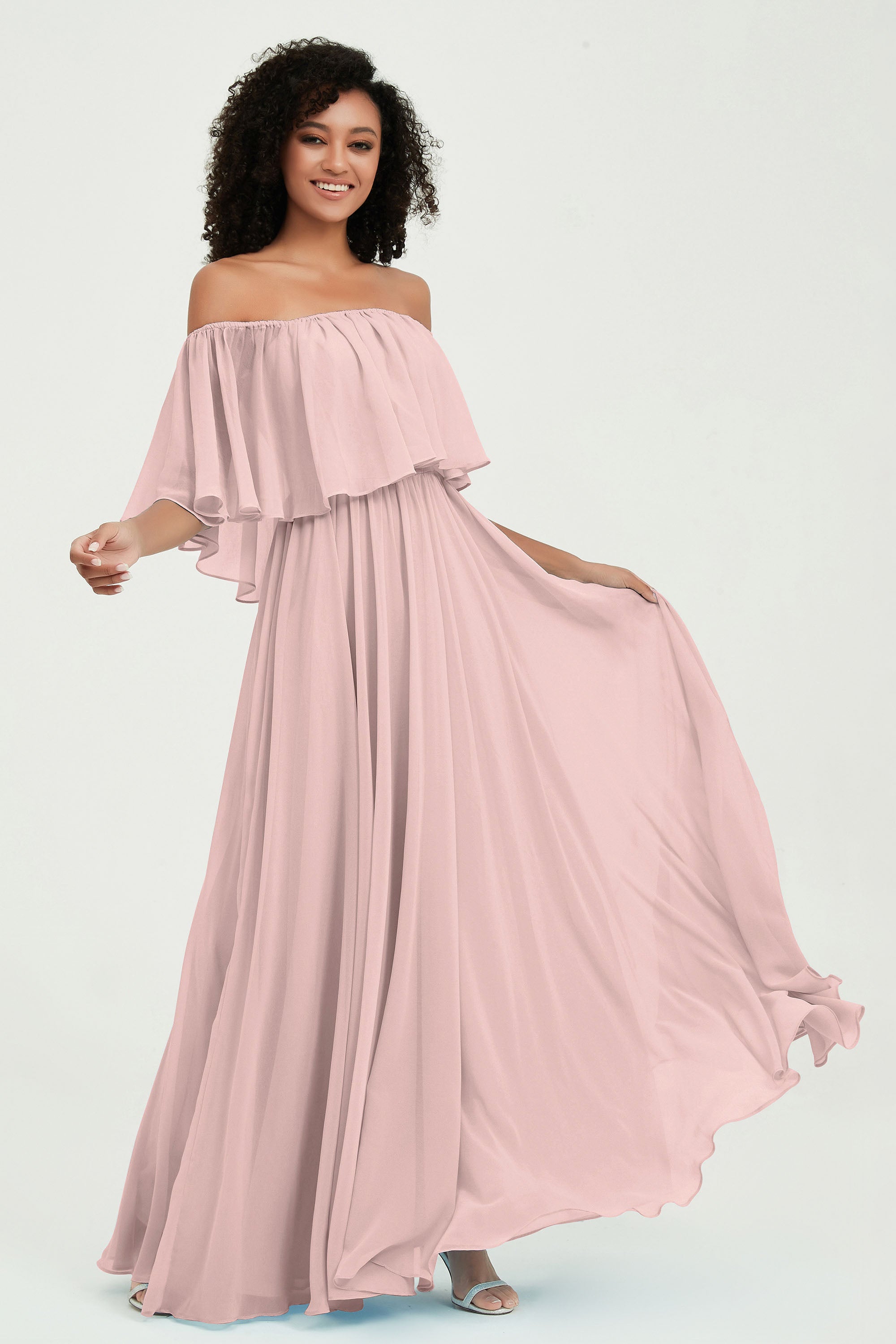 Boho Bridesmaid Dresses Ruffles Flutter Sleeves Formal Evening Dress Chiffon Off the Shoulder Gowns