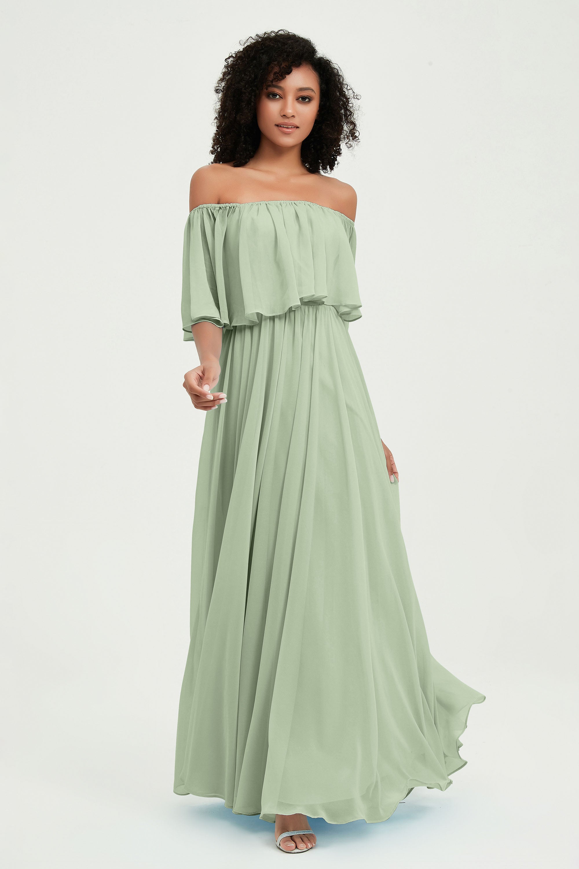 Boho Bridesmaid Dresses Ruffles Flutter Sleeves Formal Evening Dress Chiffon Off the Shoulder Gowns