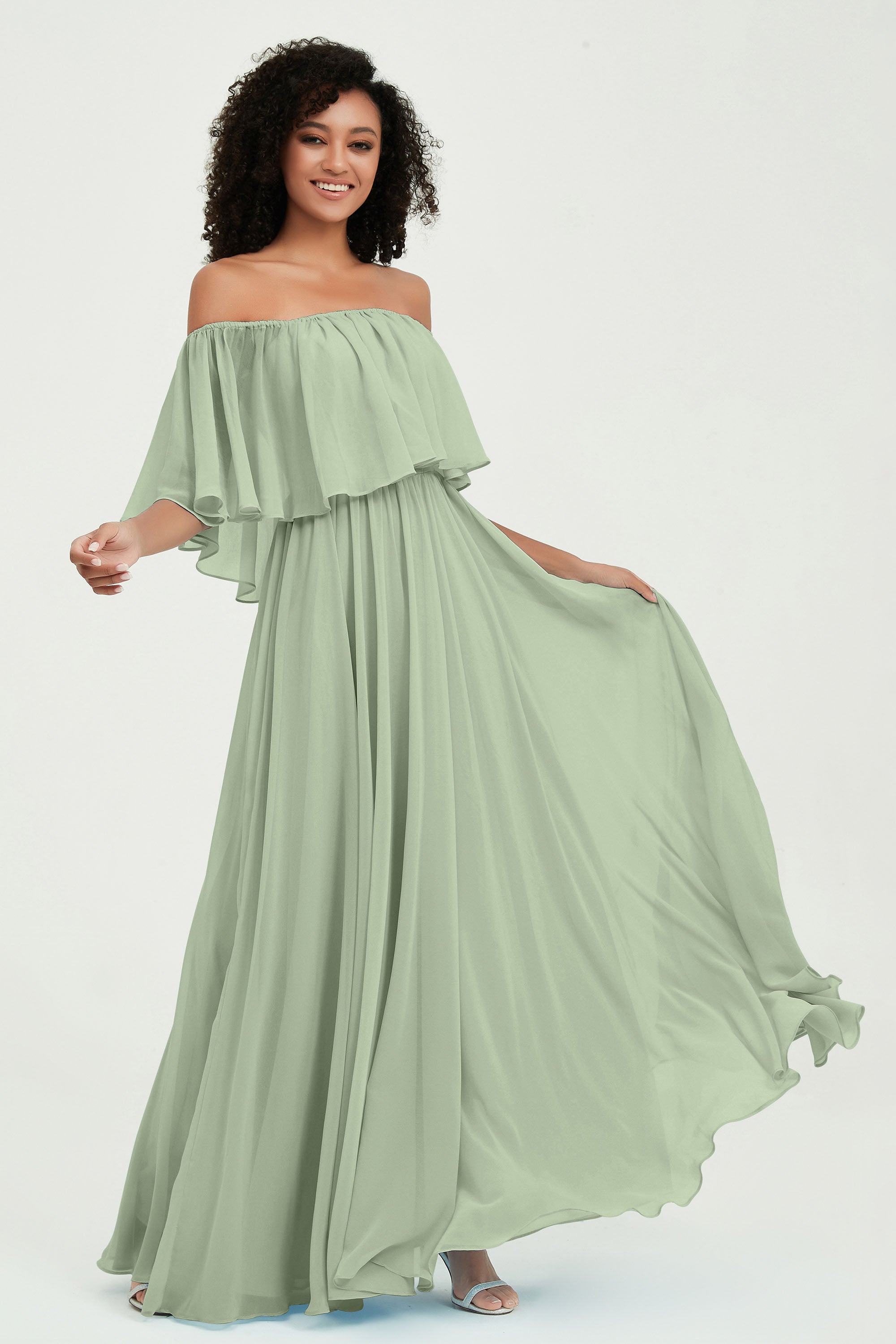 Boho Bridesmaid Dresses Ruffles Flutter Sleeves Formal Evening Dress Chiffon Off the Shoulder Gowns