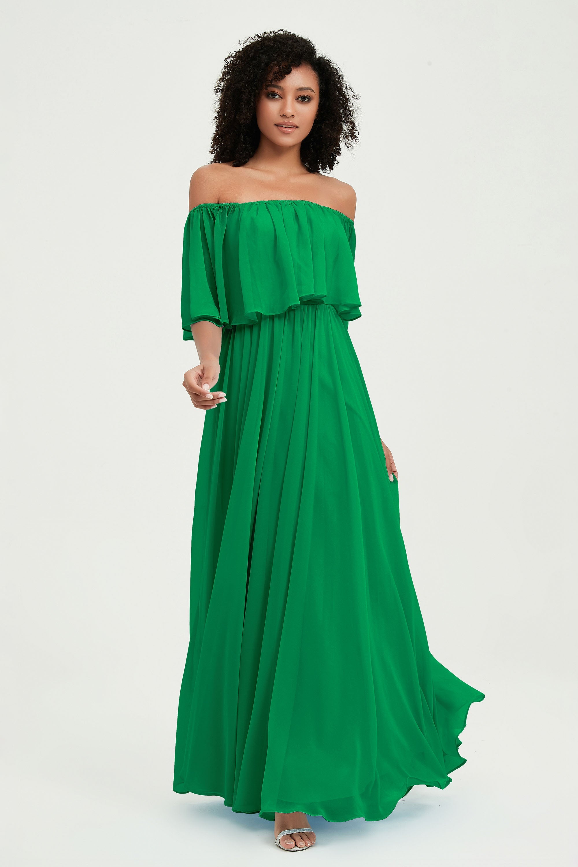Boho Bridesmaid Dresses Ruffles Flutter Sleeves Formal Evening Dress Chiffon Off the Shoulder Gowns