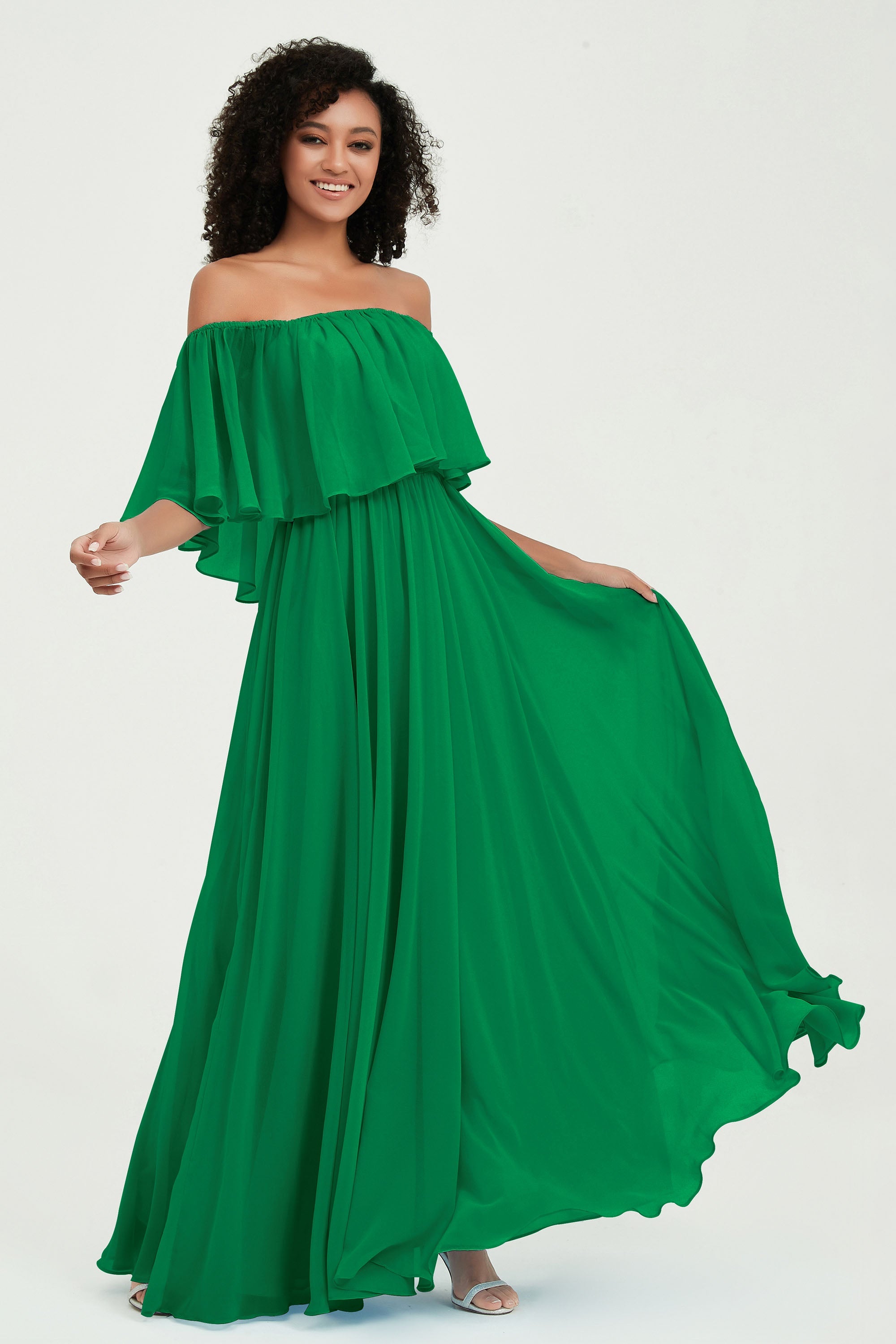 Boho Bridesmaid Dresses Ruffles Flutter Sleeves Formal Evening Dress Chiffon Off the Shoulder Gowns