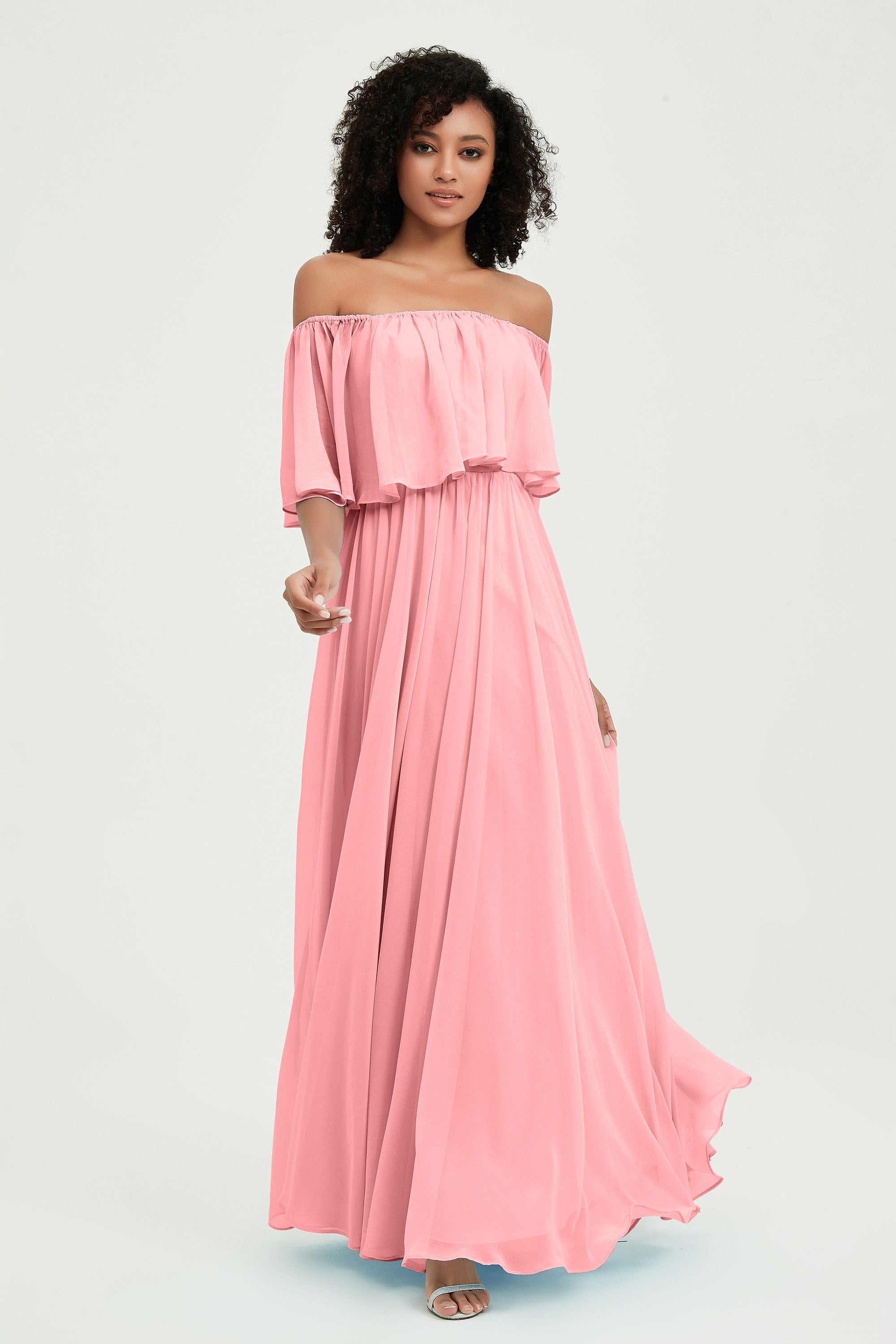 Boho Bridesmaid Dresses Ruffles Flutter Sleeves Formal Evening Dress Chiffon Off the Shoulder Gowns