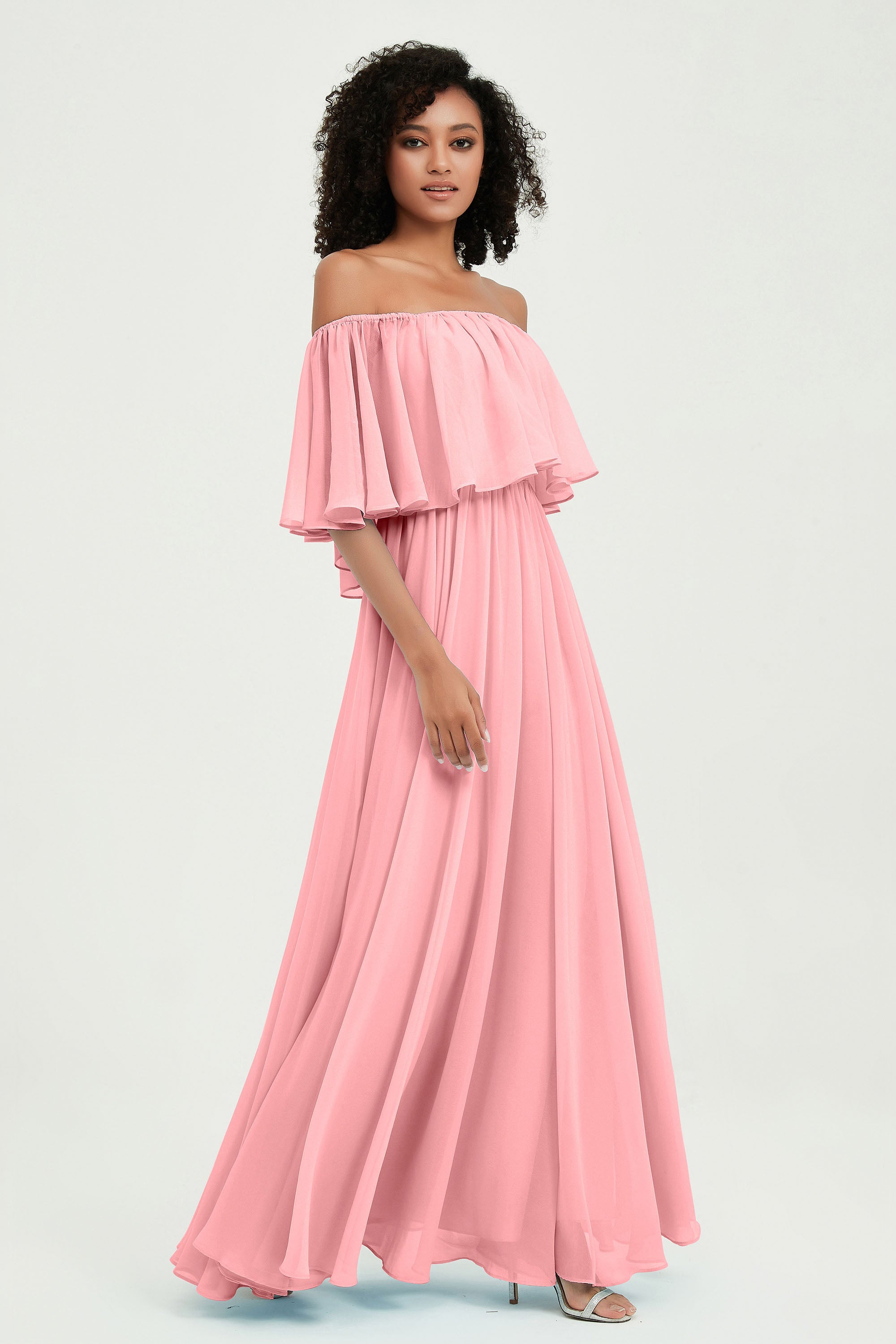 Boho Bridesmaid Dresses Ruffles Flutter Sleeves Formal Evening Dress Chiffon Off the Shoulder Gowns