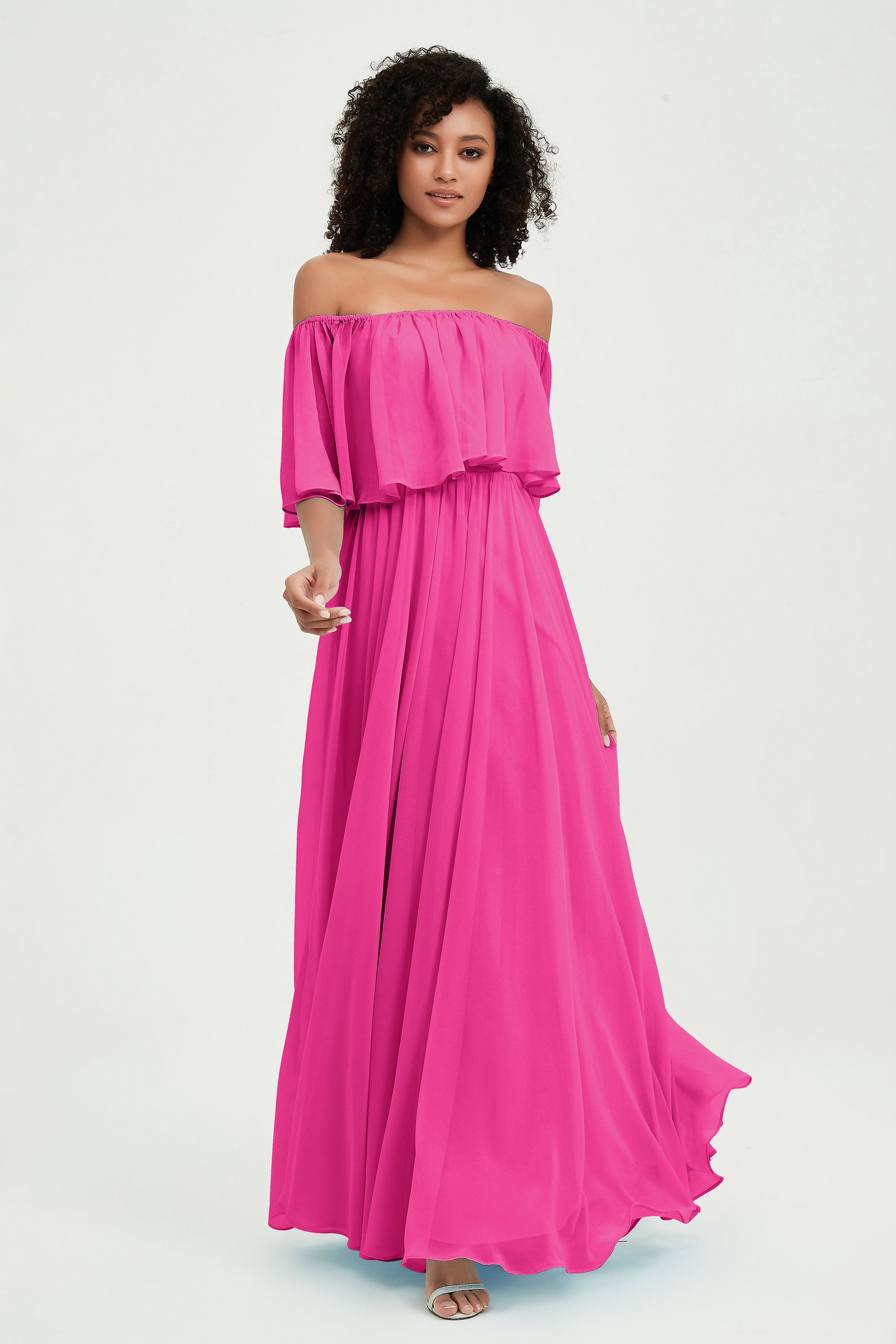 Boho Bridesmaid Dresses Ruffles Flutter Sleeves Formal Evening Dress Chiffon Off the Shoulder Gowns