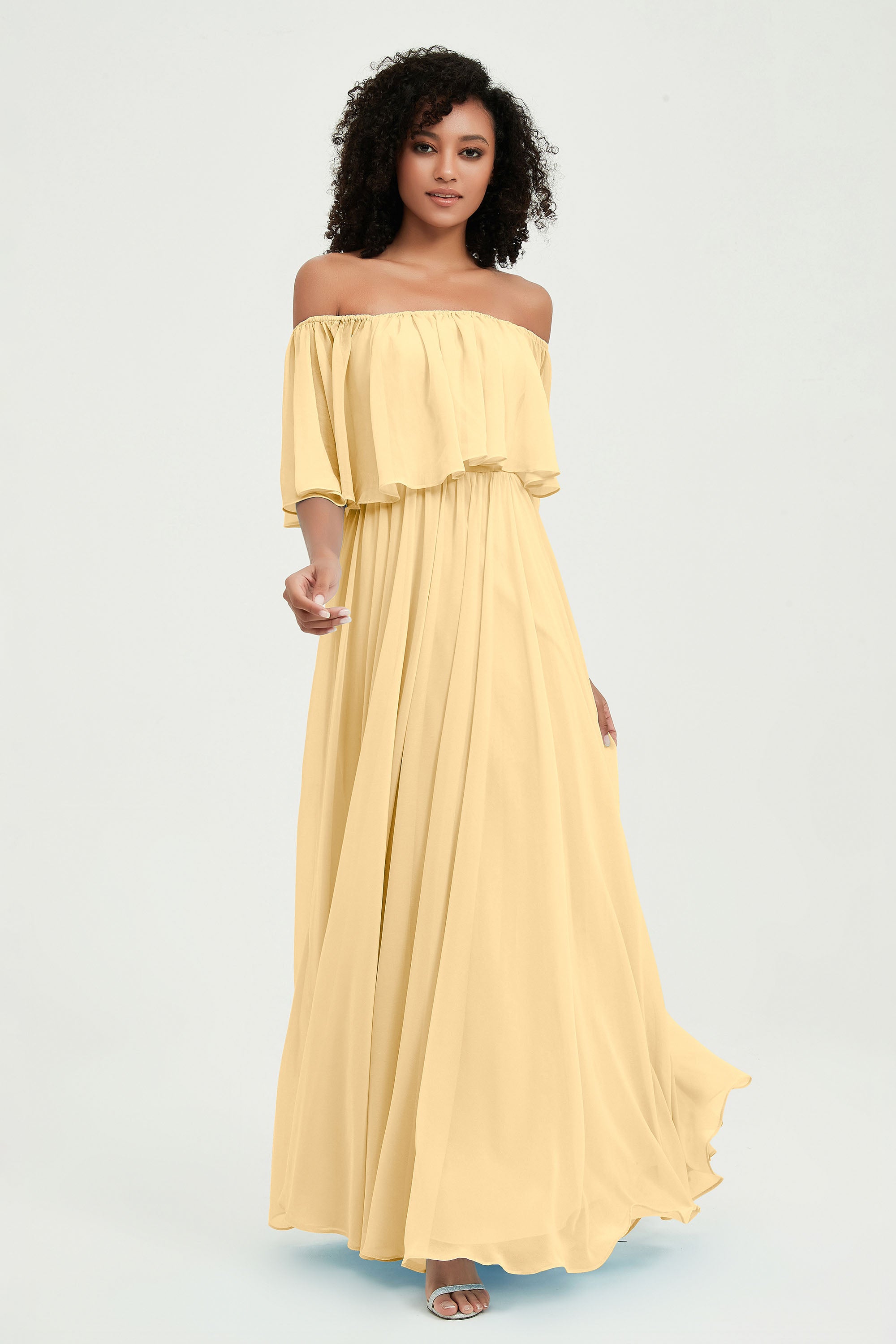 Boho Bridesmaid Dresses Ruffles Flutter Sleeves Formal Evening Dress Chiffon Off the Shoulder Gowns