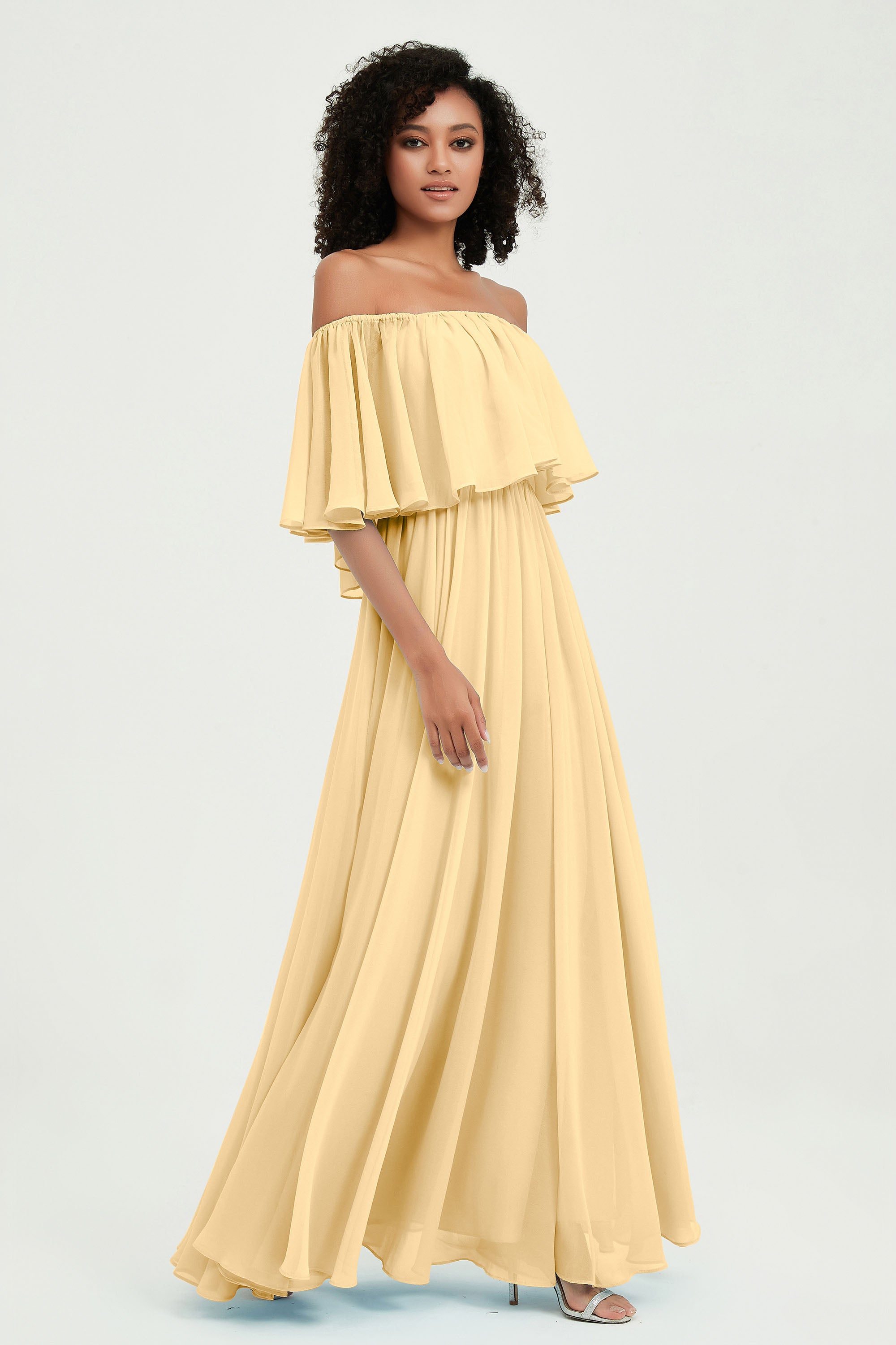 Boho Bridesmaid Dresses Ruffles Flutter Sleeves Formal Evening Dress Chiffon Off the Shoulder Gowns